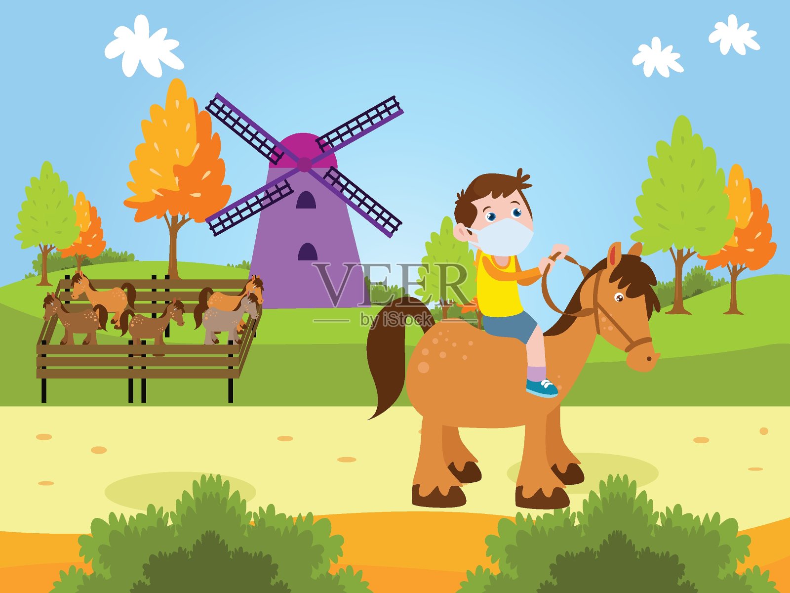 男孩骑着马卡通2d插画图片素材