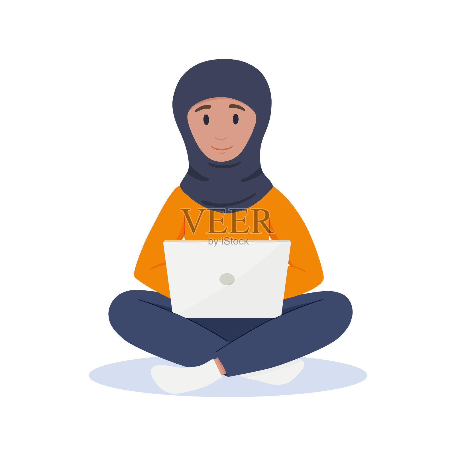 一名穆斯林妇女在笔记本电脑前工作。自由的概念。插画图片素材