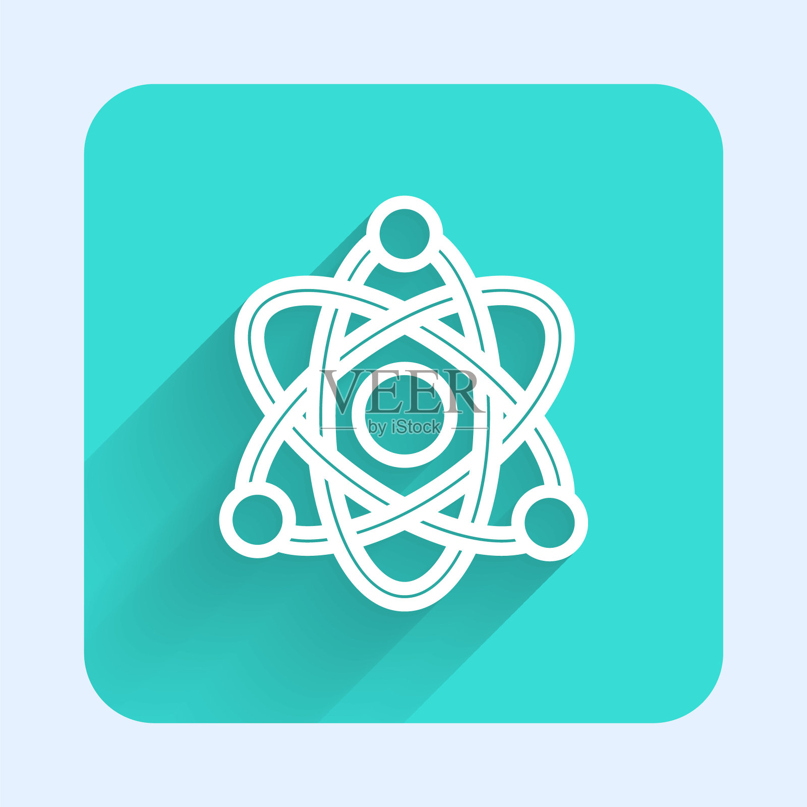 白色线原子图标孤立与长阴影。象征科学、教育、核物理、科学研究。绿色广场按钮。向量插画图片素材