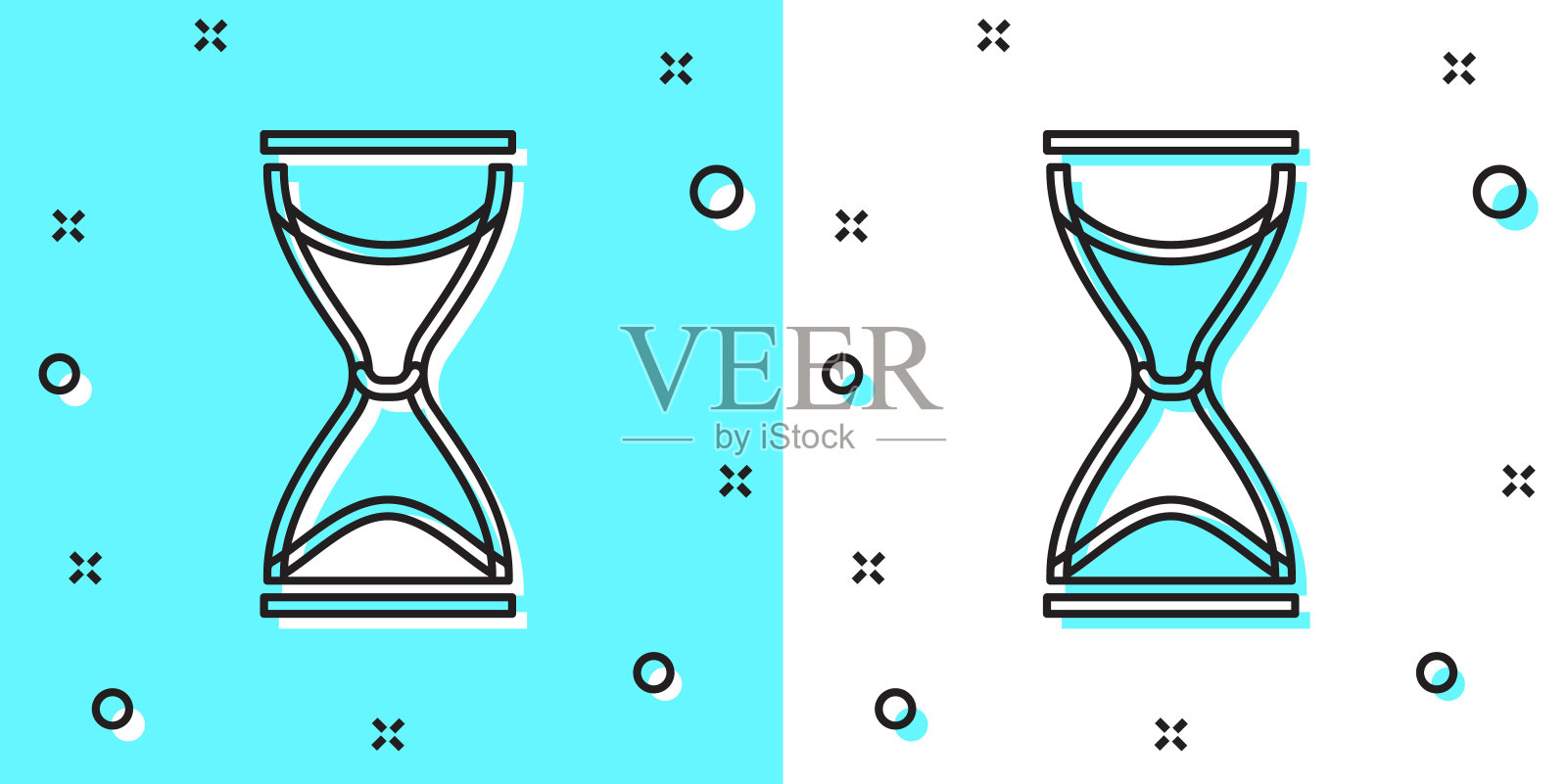 黑色线旧沙漏流沙图标孤立在绿色和白色的背景。沙漏的迹象。业务和时间管理理念。随机动态形状。向量插画图片素材