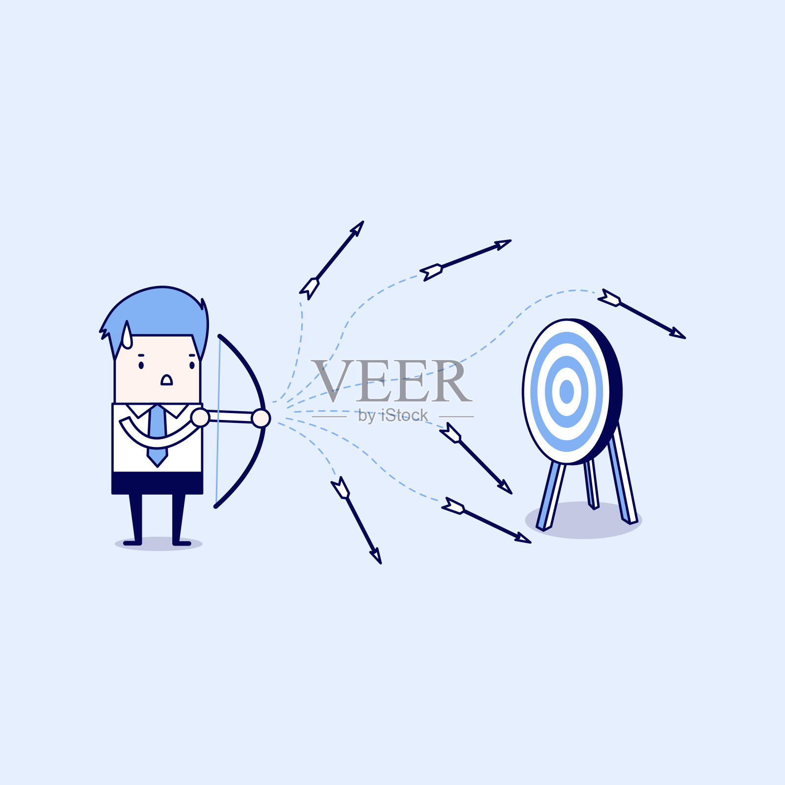 商人输了射箭。卡通人物细线风格矢量。插画图片素材