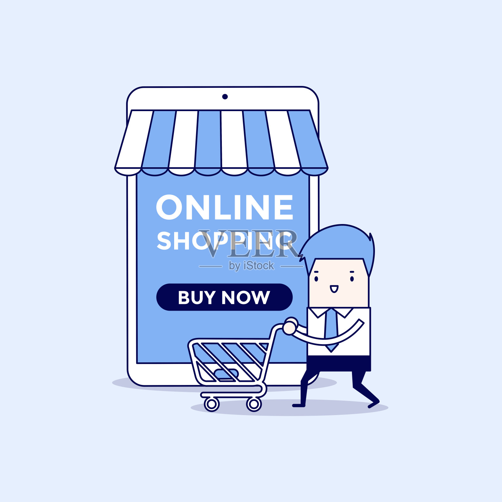 在网店前推着购物车的商人。卡通人物细线风格矢量。插画图片素材