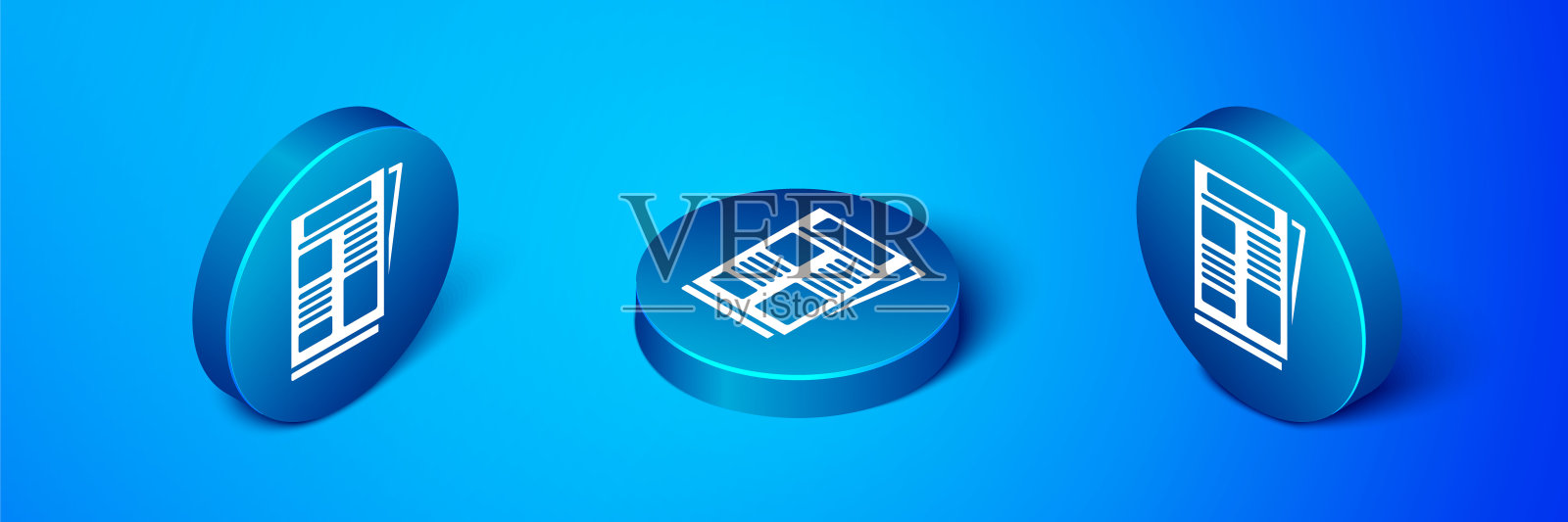 等距新闻图标孤立在蓝色背景。报纸的迹象。大众媒体的象征。蓝色圆按钮。向量插画图片素材