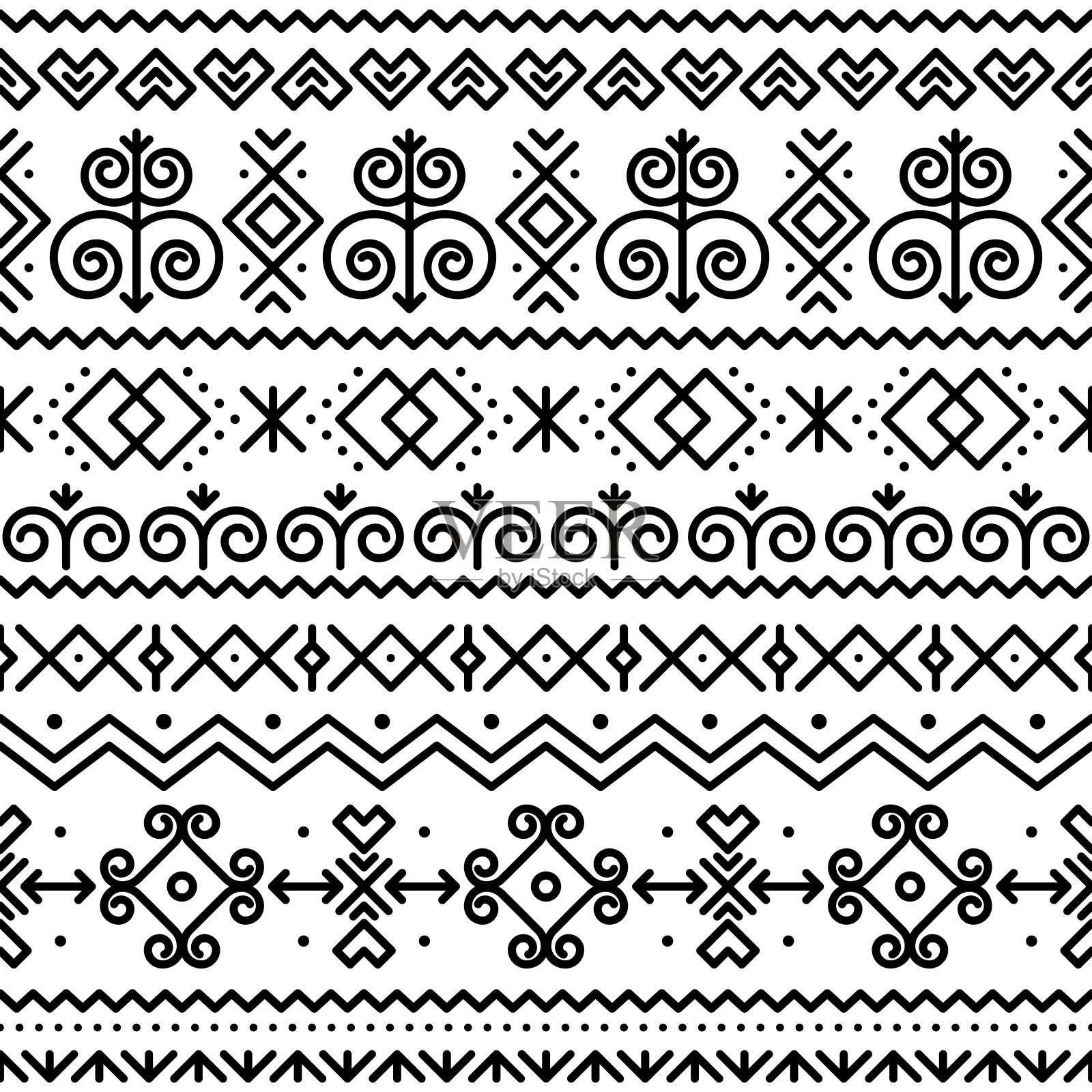 斯洛伐克民间艺术向量无缝黑色图案与抽象几何形状的灵感来自于斯洛伐克日利纳地区Cicmany村的传统房屋绘画插画图片素材