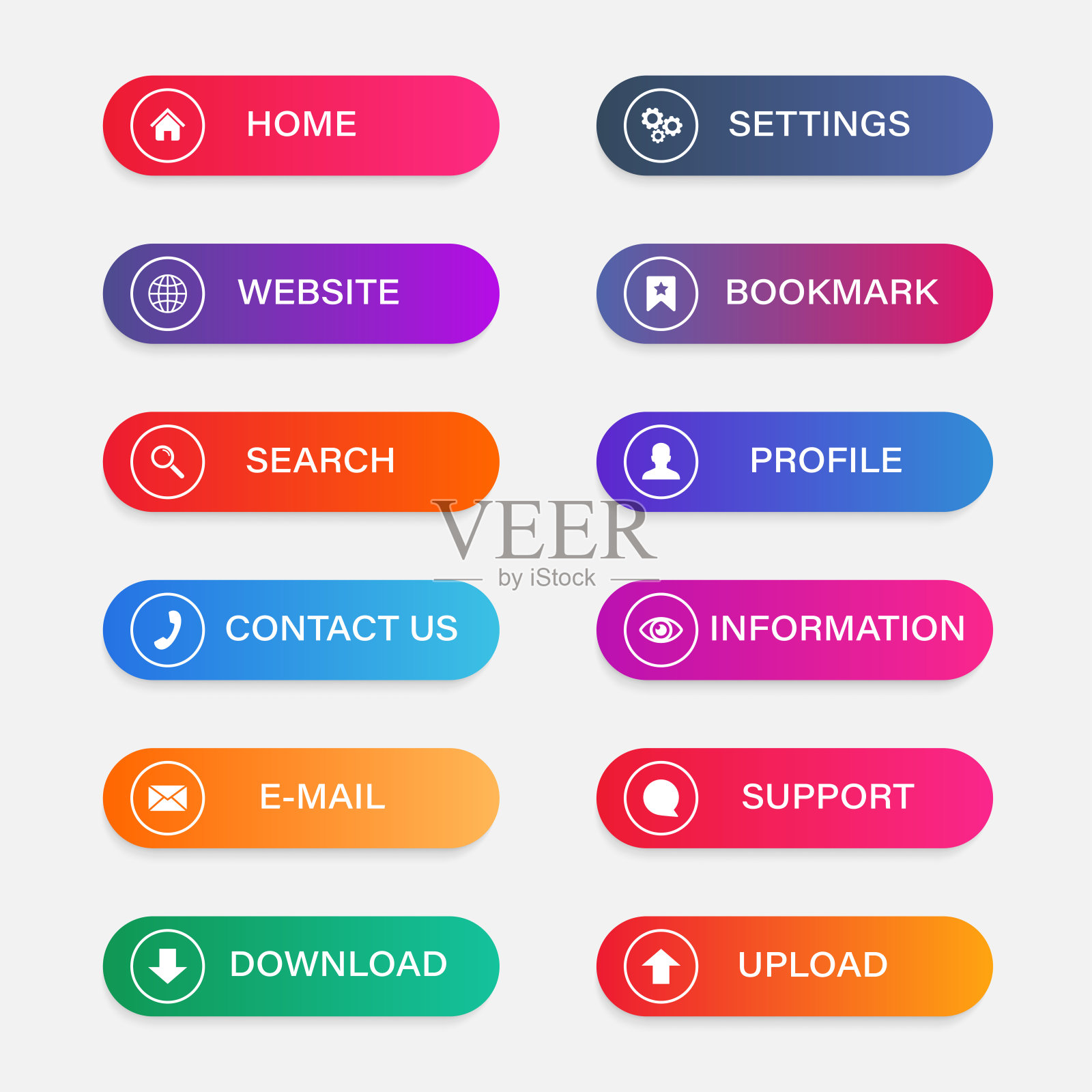 收集网站按钮。彩色渐变按钮与图标。用户界面元素。向量组图标素材