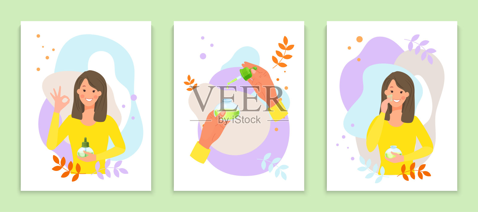 美少女脸和护肤卡套，女人性格把持化妆品化妆品平面矢量插图，孤立上绿色。插画图片素材