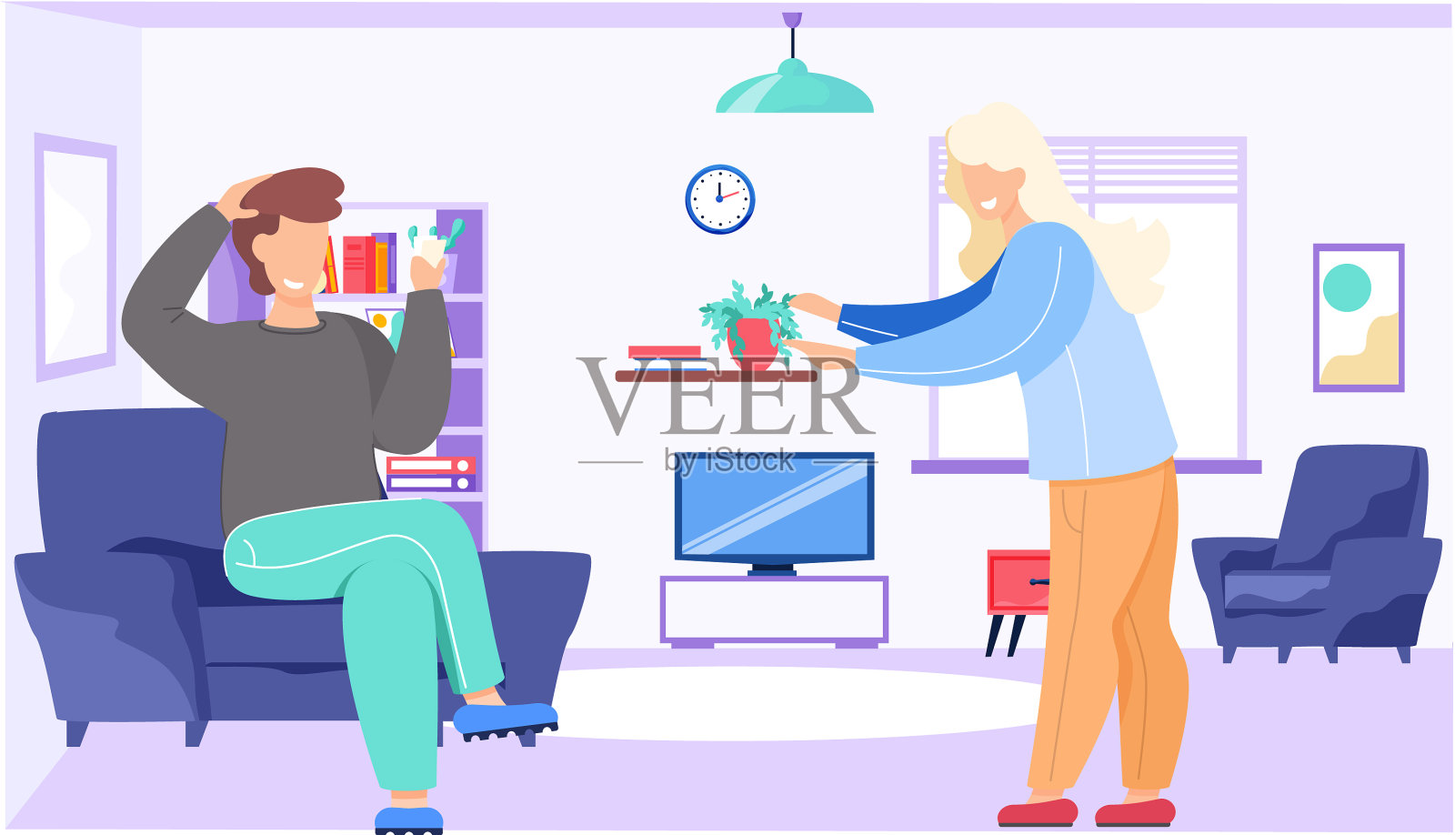 男女朋友和家人在房间里插画图片素材