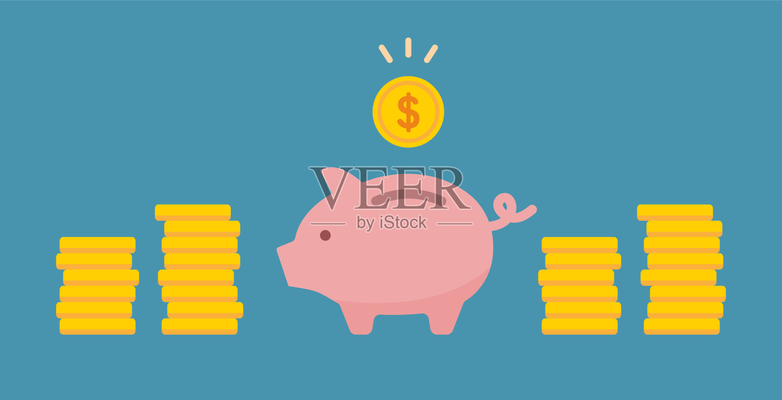 插图背景的扑满和一堆硬币。插画图片素材