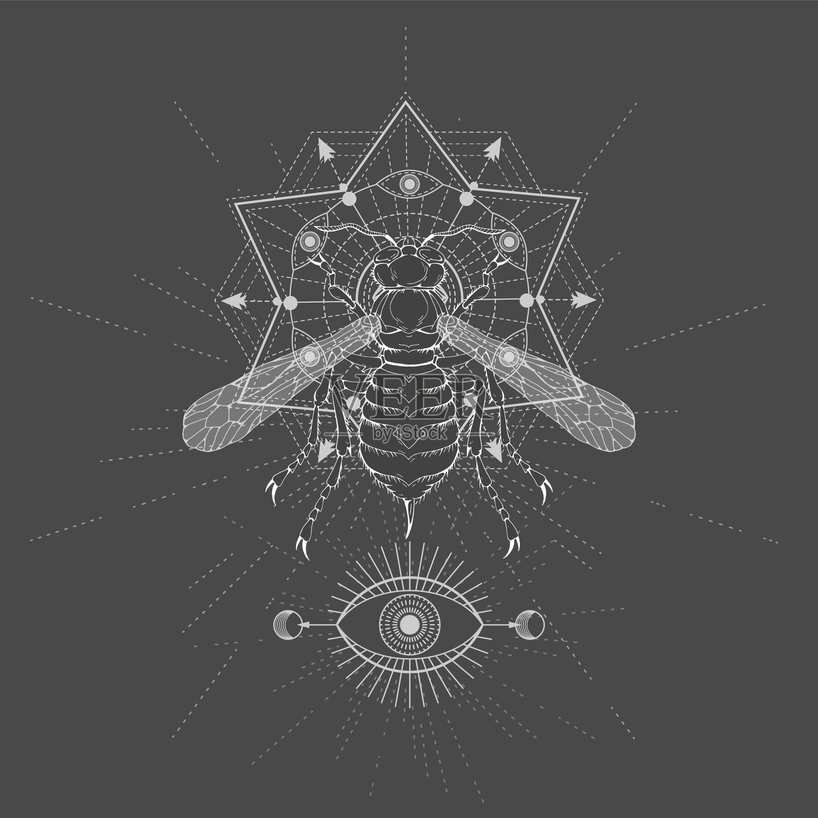 手绘黄蜂和神圣的几何符号插画图片素材