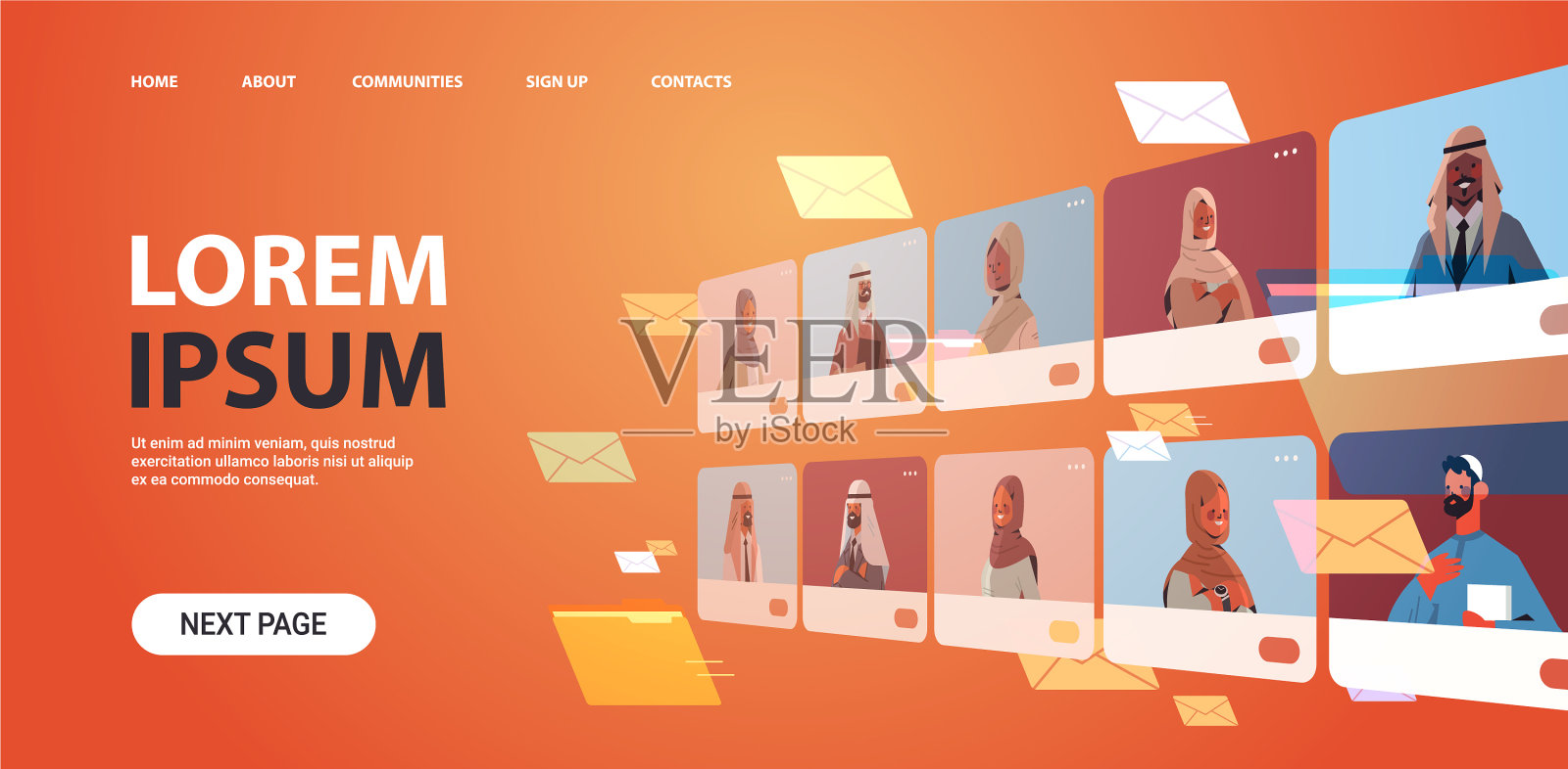 阿拉伯人在浏览器中讨论插画图片素材