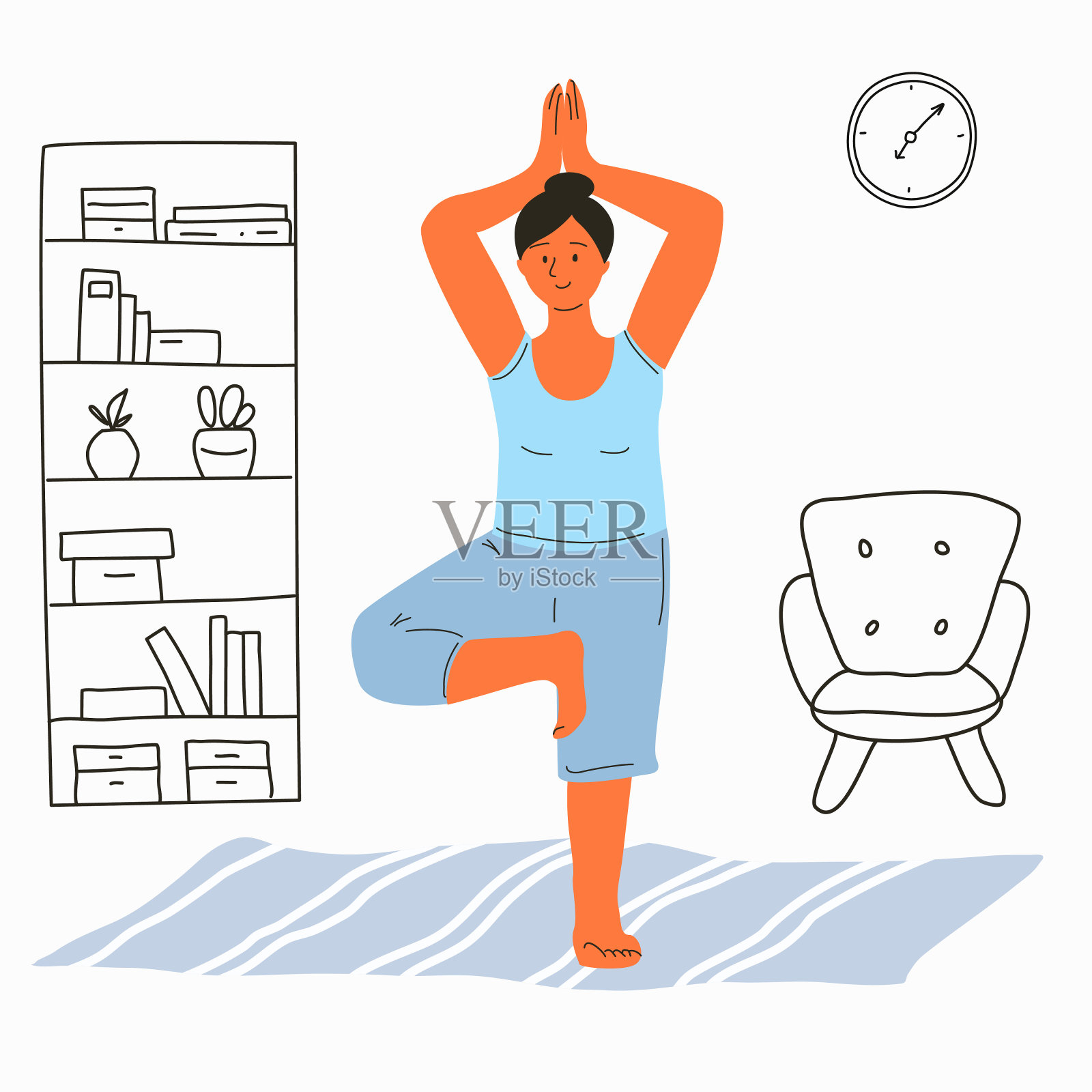 一个女人在垫子上练瑜伽，一条腿站着。插画图片素材