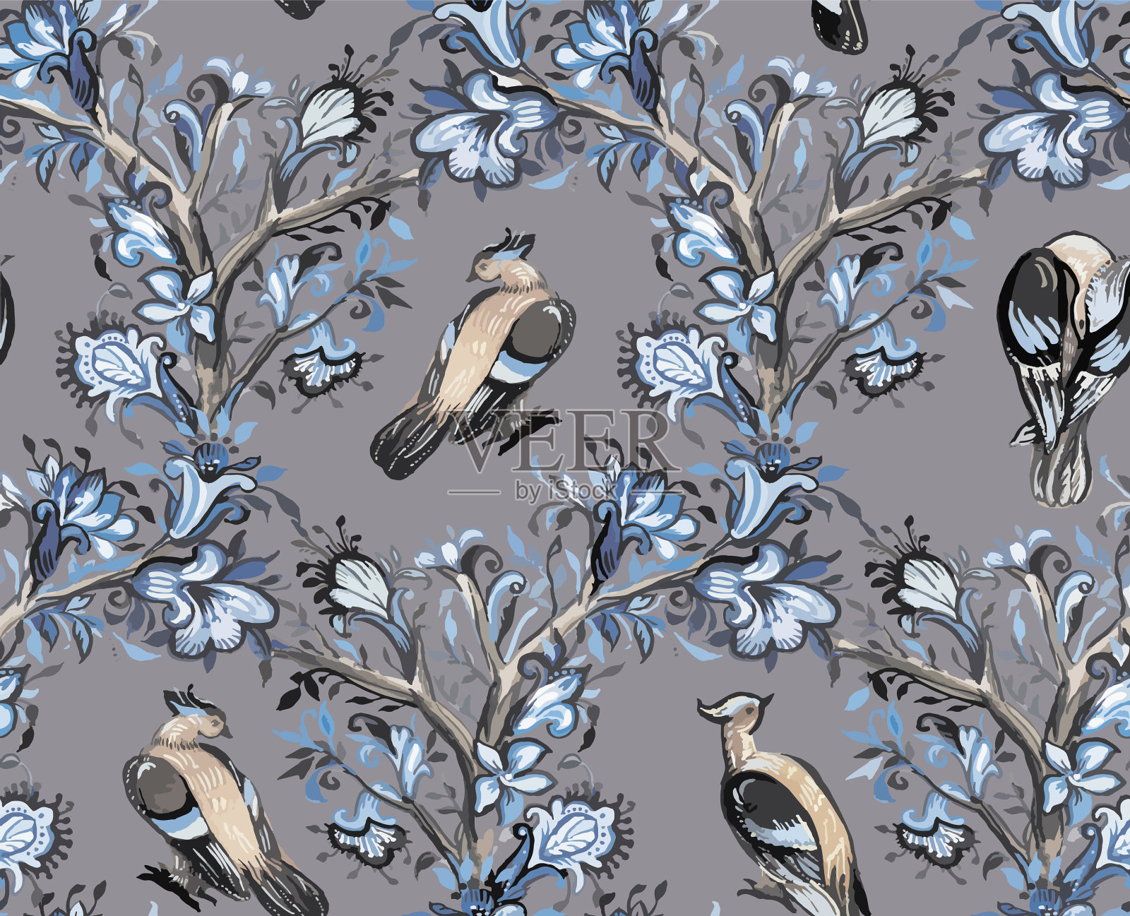 树上的松鸦带着花朵和叶子插画图片素材