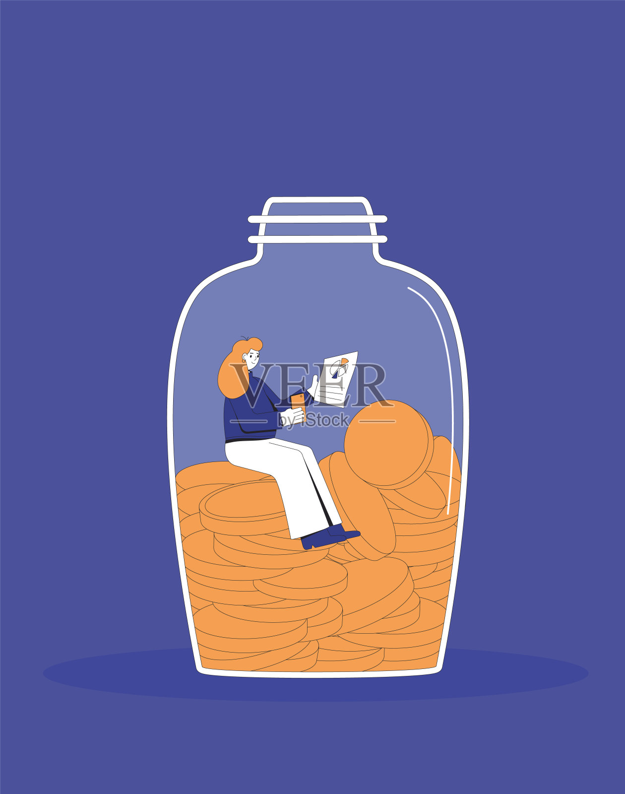 储蓄。钱箱里放着钱的女人。硬币罐里的年轻女性角色。矢量线艺术插图。设计元素图片