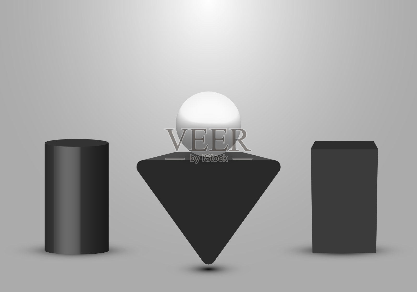 3D现实的黑色几何基座，三角形，盒子工作室房间与轻产品架子上的白色背景插画图片素材