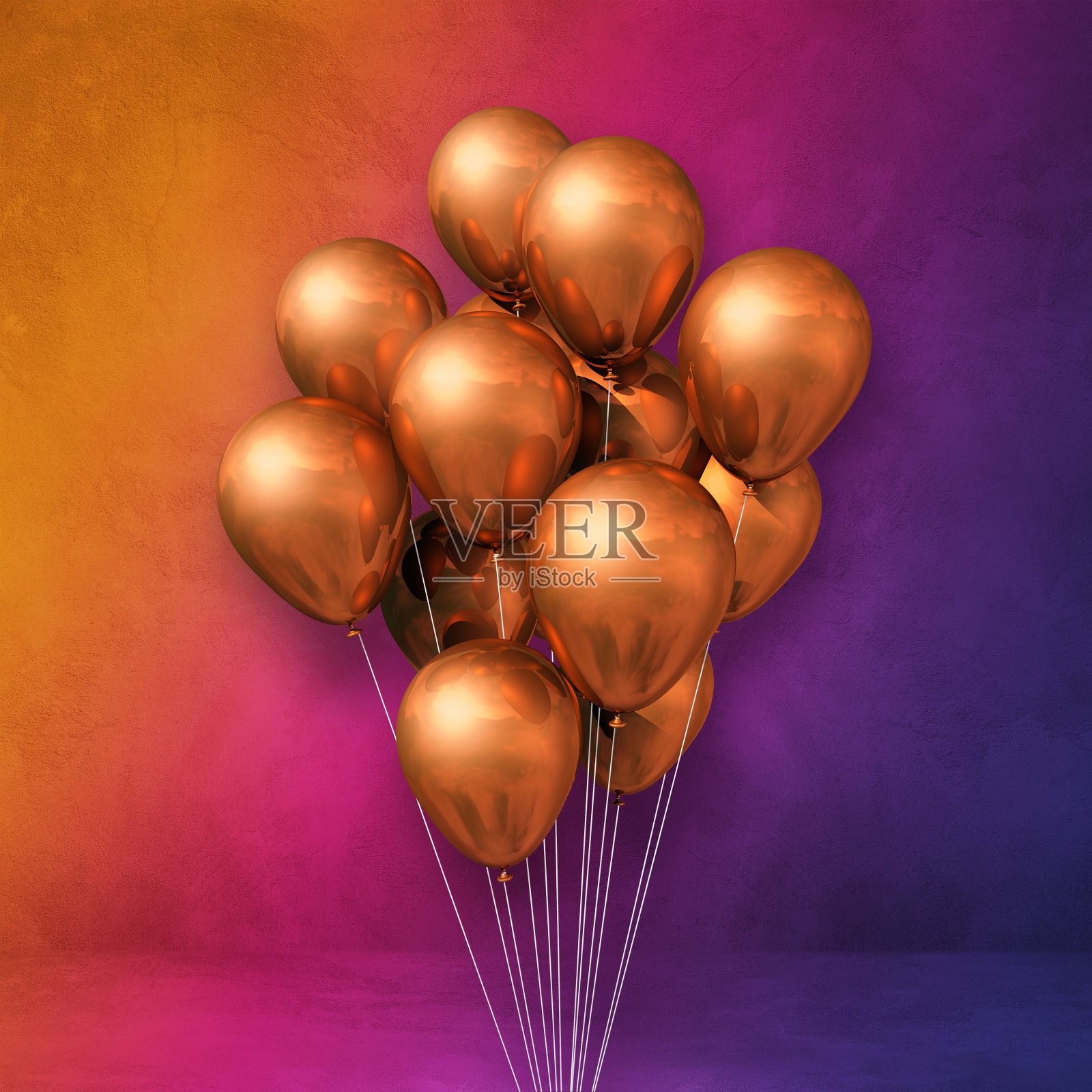 铜气球串在彩虹墙背景上照片摄影图片