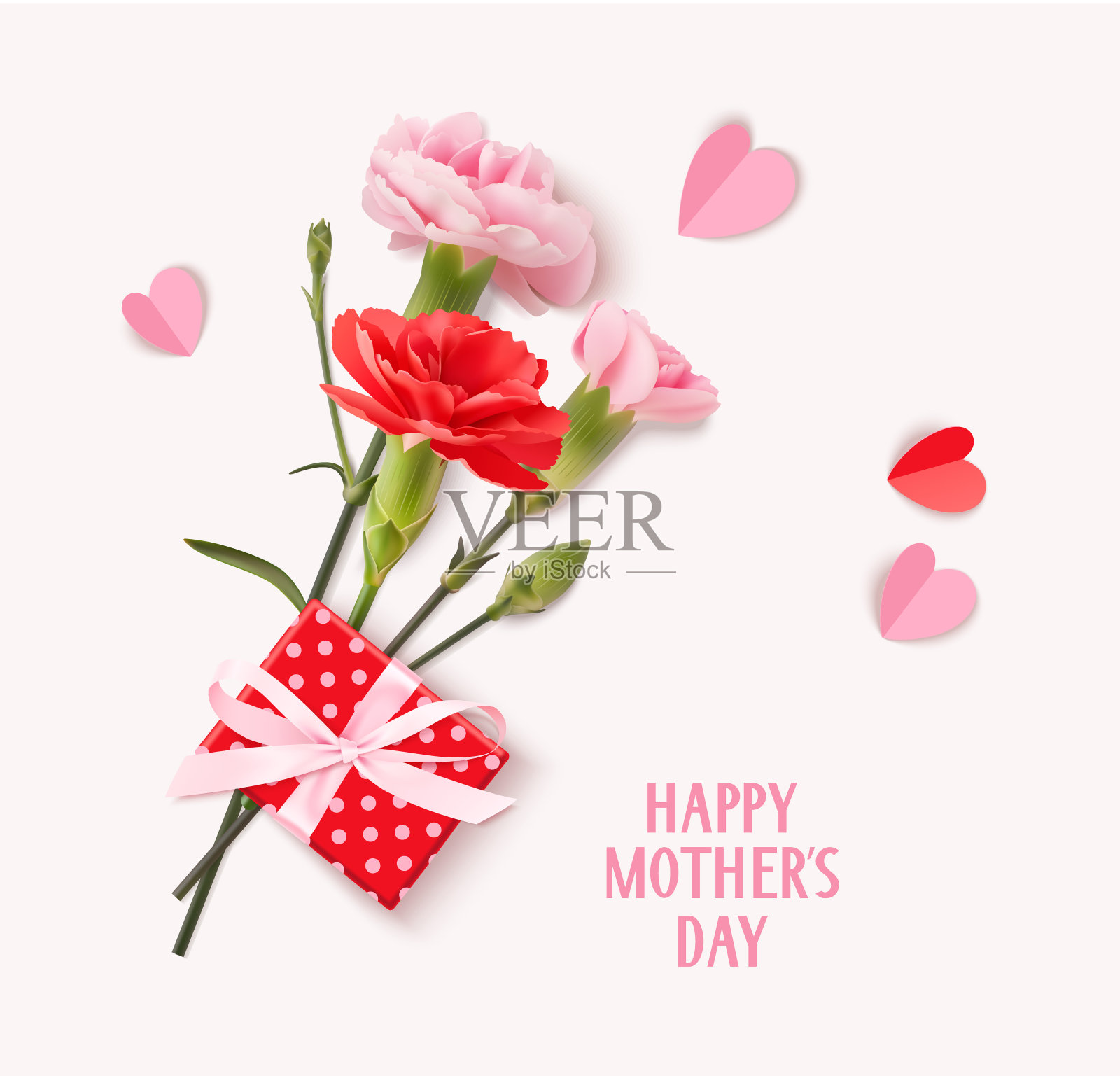 母亲节祝福短信。节日设计模板与现实的粉红色康乃馨花，礼物盒和纸上的粉色背景心。插画图片素材