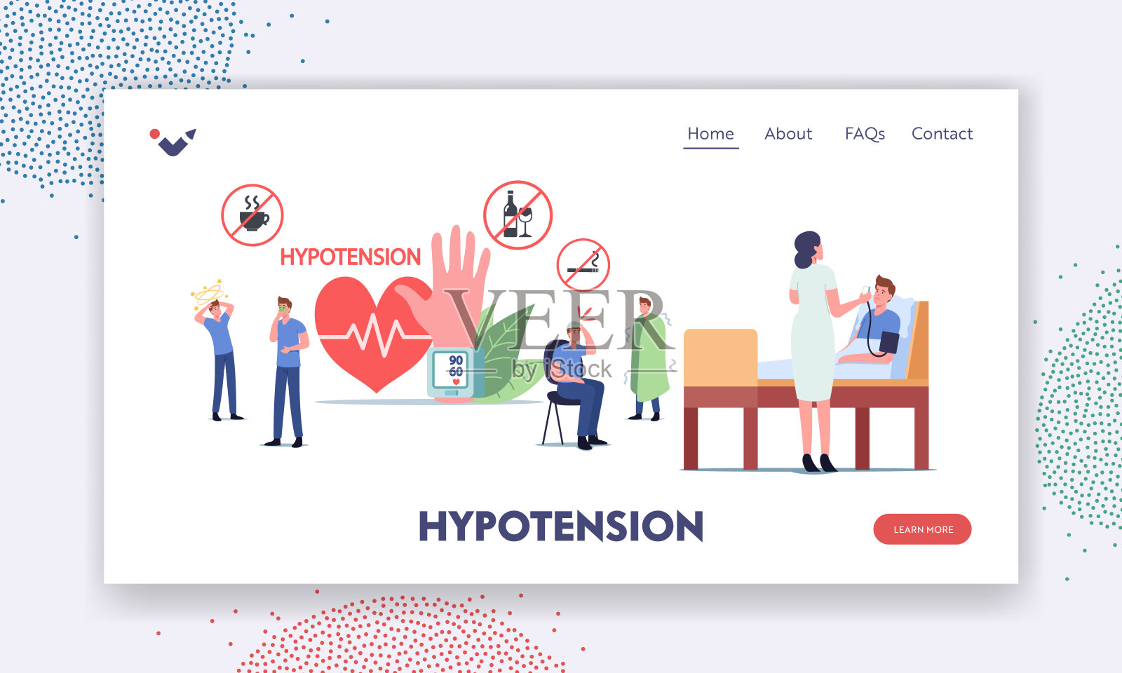 低血压，健康医疗监测登陆页面模板。巨大眼压计测量血压时的微小字符插画图片素材