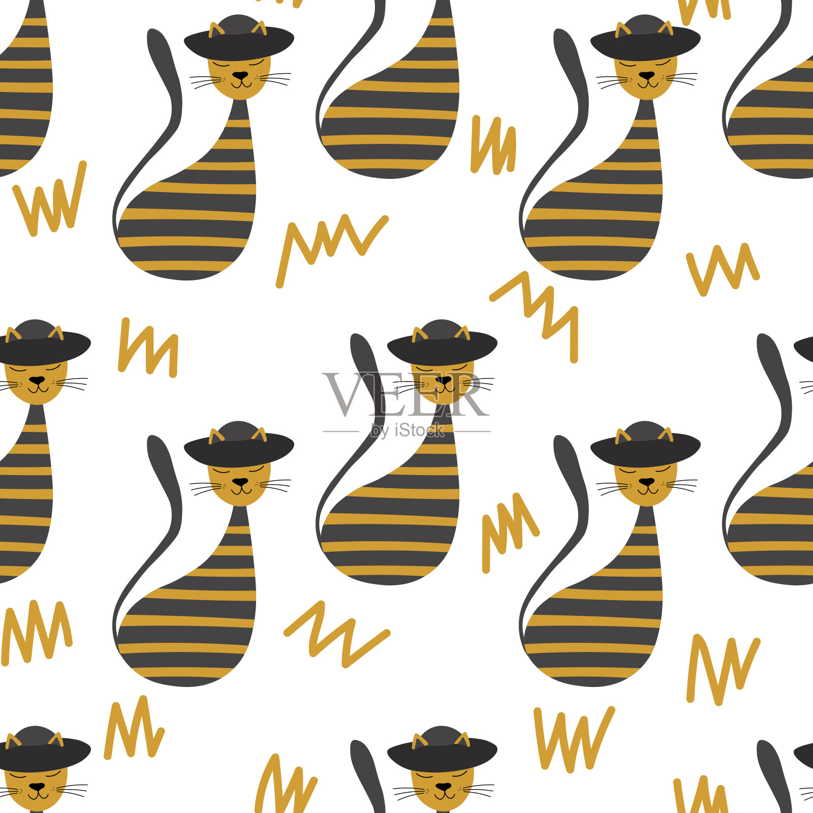 矢量平面插图与剪影可爱的猫。无缝新潮的模式在斯堪的纳维亚风格的白色背景。设计为卡片，海报，织物，纺织品插画图片素材