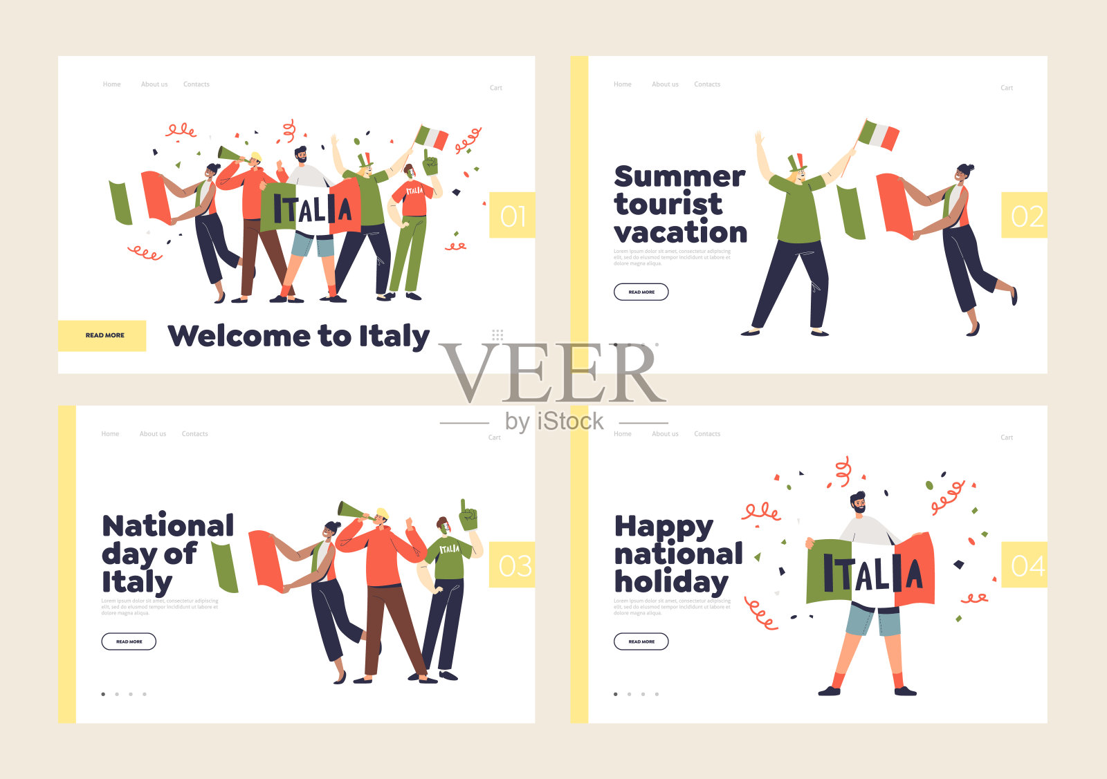 欢迎来到意大利一套登陆页与人们拿着意大利国旗庆祝国家假日插画图片素材