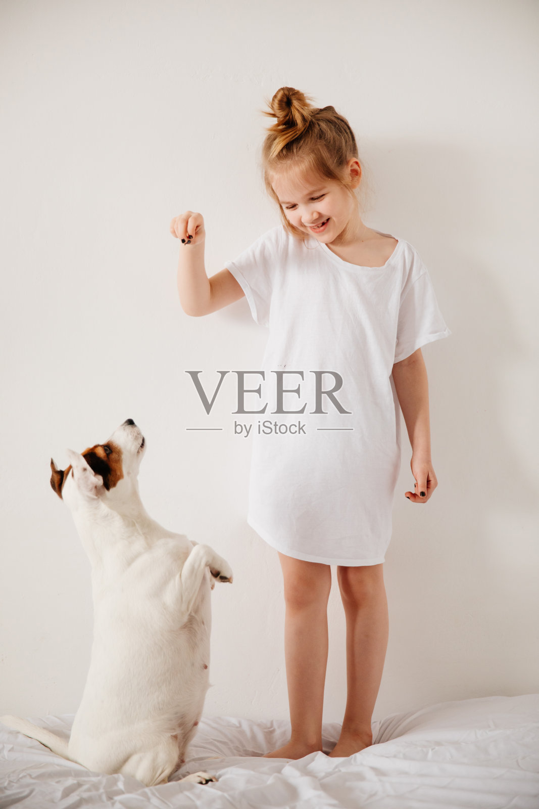 漂亮有趣的小女孩在白色的床上用手心喂一只狗。照片摄影图片