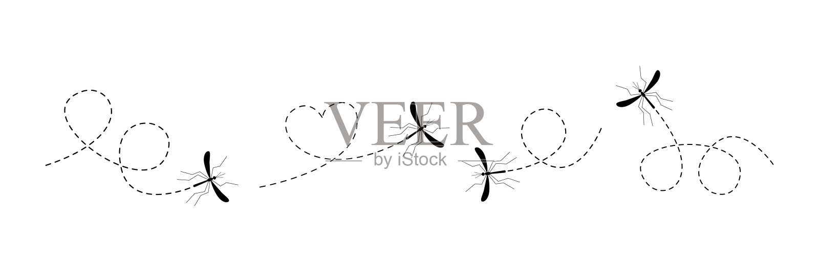 蚊子的图标集。蚊子在星点分布的路线上飞行。插画图片素材