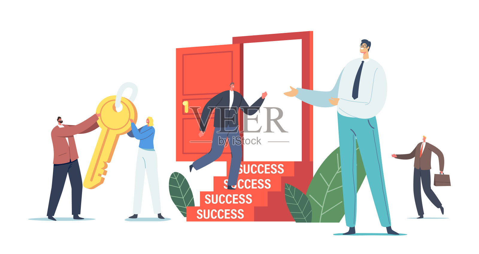 职业发展，业务任务解决方案，成功的动机概念。商业人物携带金钥匙开门插画图片素材