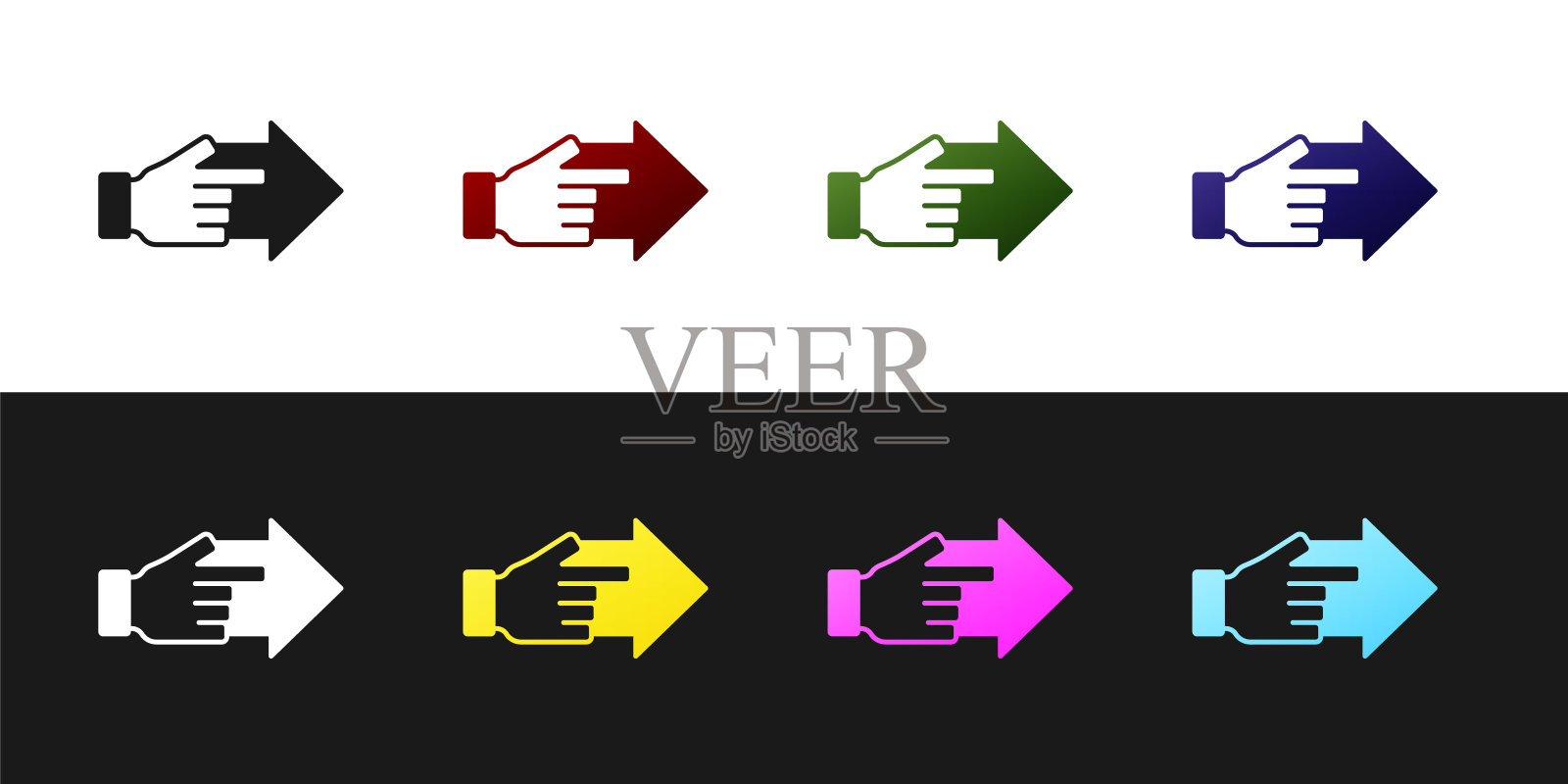 Set Hand with pointing finger with arrow icon isolated on black and white背景。业务愿景和目标。概念企业财务、性格、领导。向量图标素材