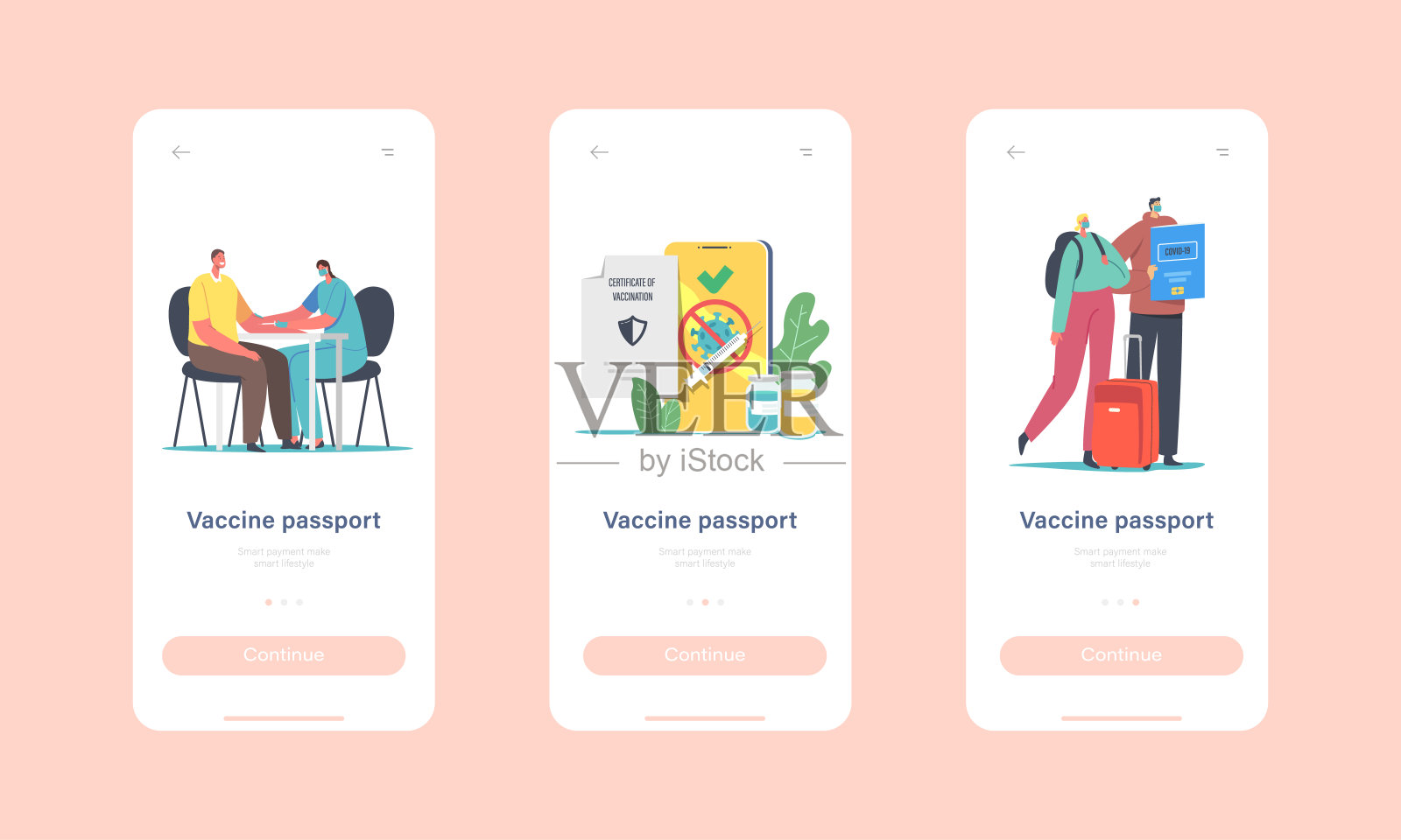 角色获得冠状病毒疫苗健康护照手机App页面板载屏幕模板。旅行者接种疫苗插画图片素材