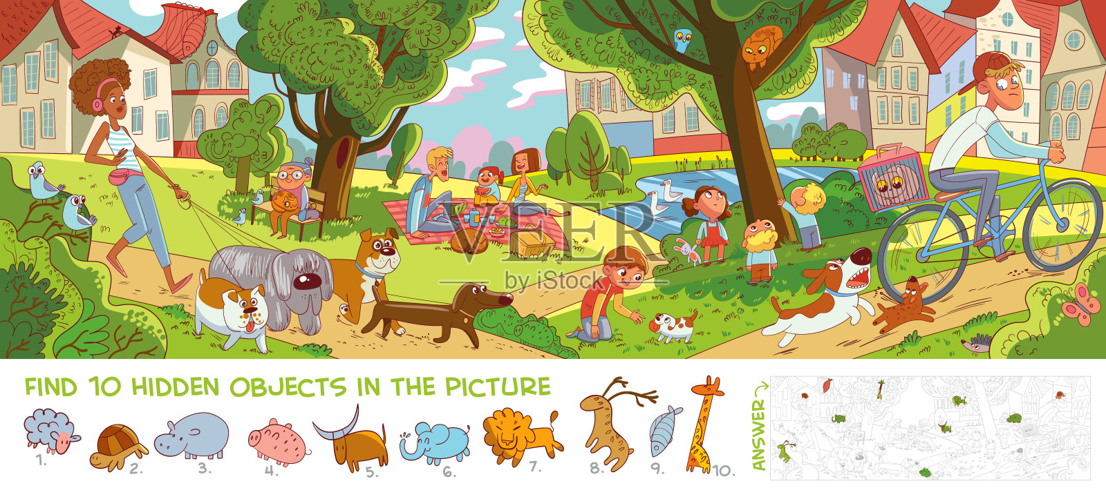 在城市公园休息。全景。找到隐藏的对象插画图片素材