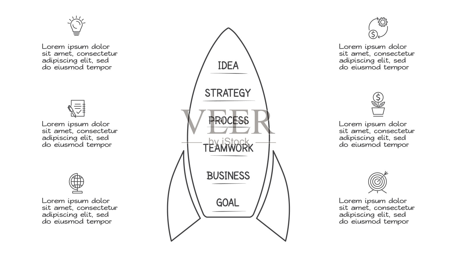 有6个选项的涂鸦信息图表元素。用于表示的矢量业务模板插画图片素材