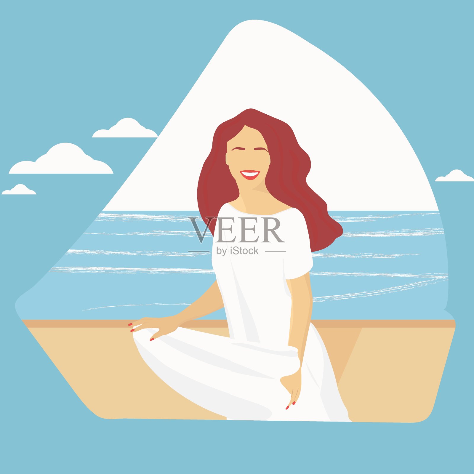 一个女人的肖像。一个长发飘逸、身穿白色连衣裙的女孩站在大海的背景下。夏天的矢量图插画图片素材