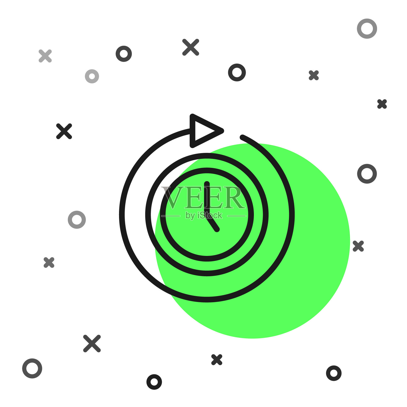 黑色线时钟与箭头图标孤立在白色背景。时间的象征。图标箭头和时间顺时针旋转。向量图标素材