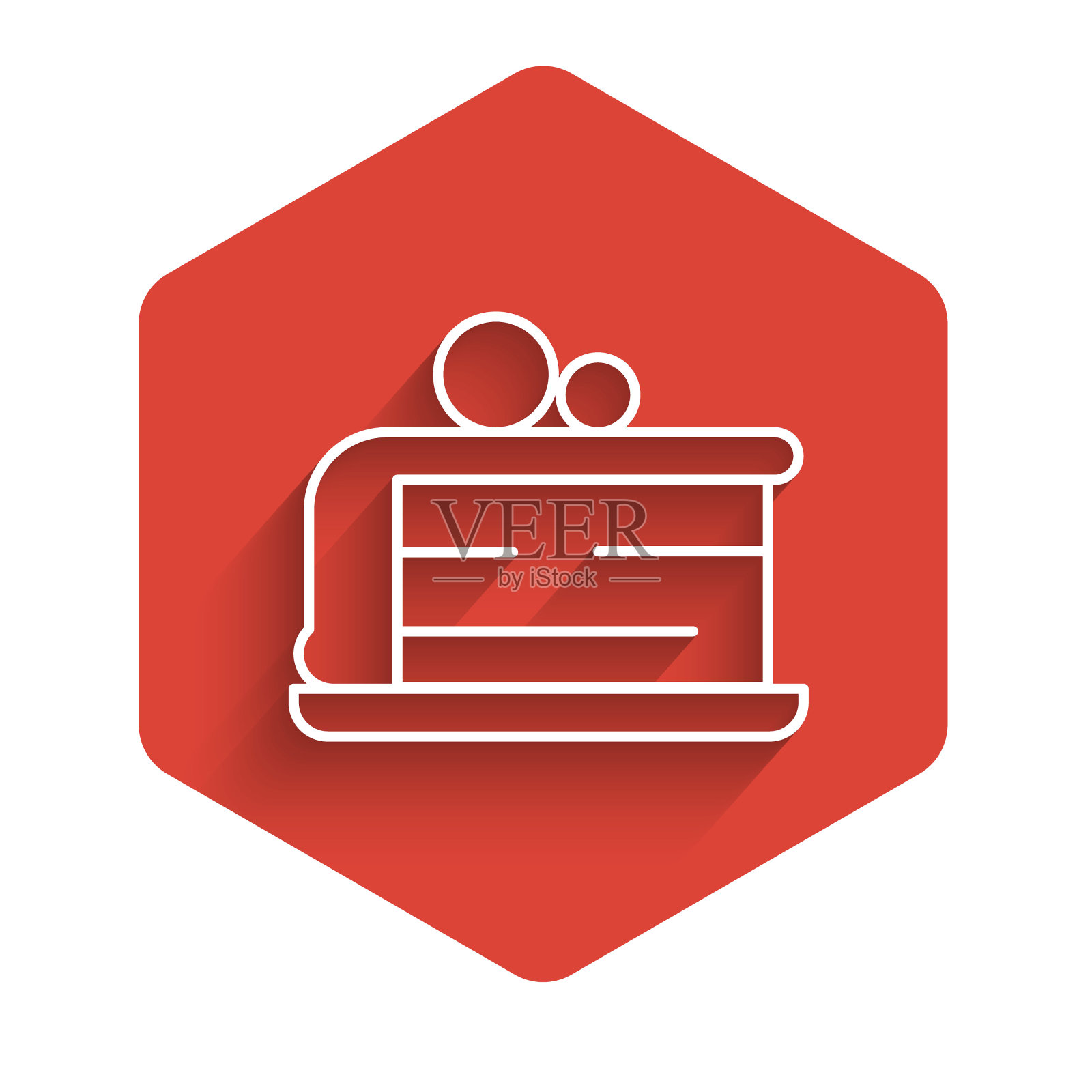 白色线一块蛋糕图标孤立与长影子。生日快乐。红色的六角按钮。向量图标素材