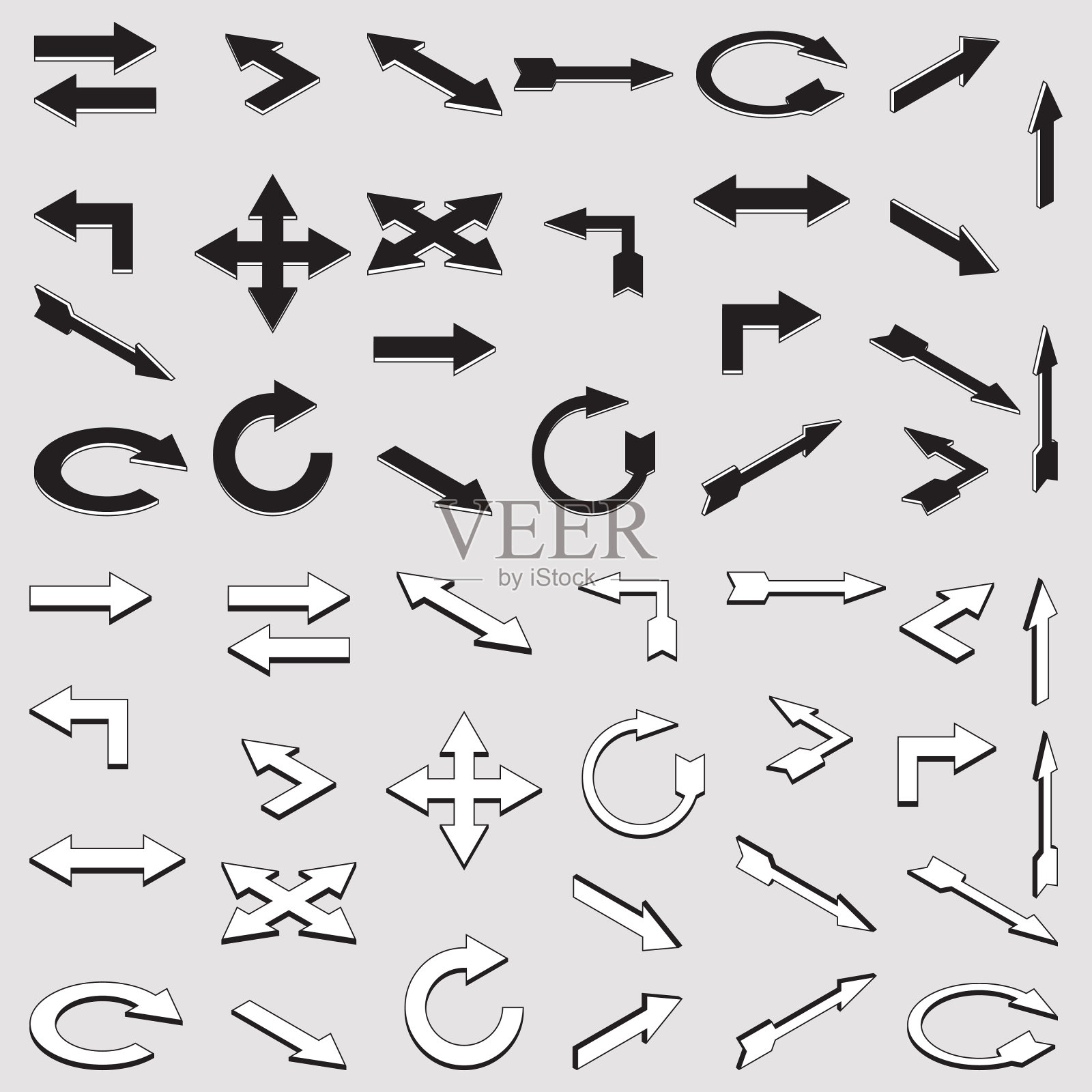 在灰色背景上以不同角度显示的一组黑白箭头图标图标素材