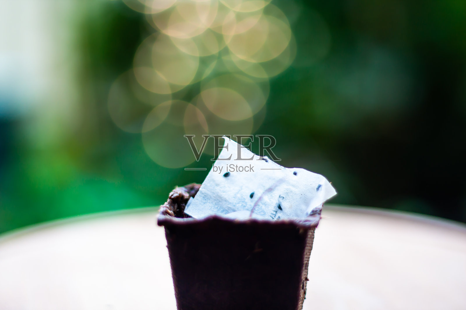 在自然模糊的背景下，木桌上的纤维花盆中的幼苗。农业的概念。照片摄影图片