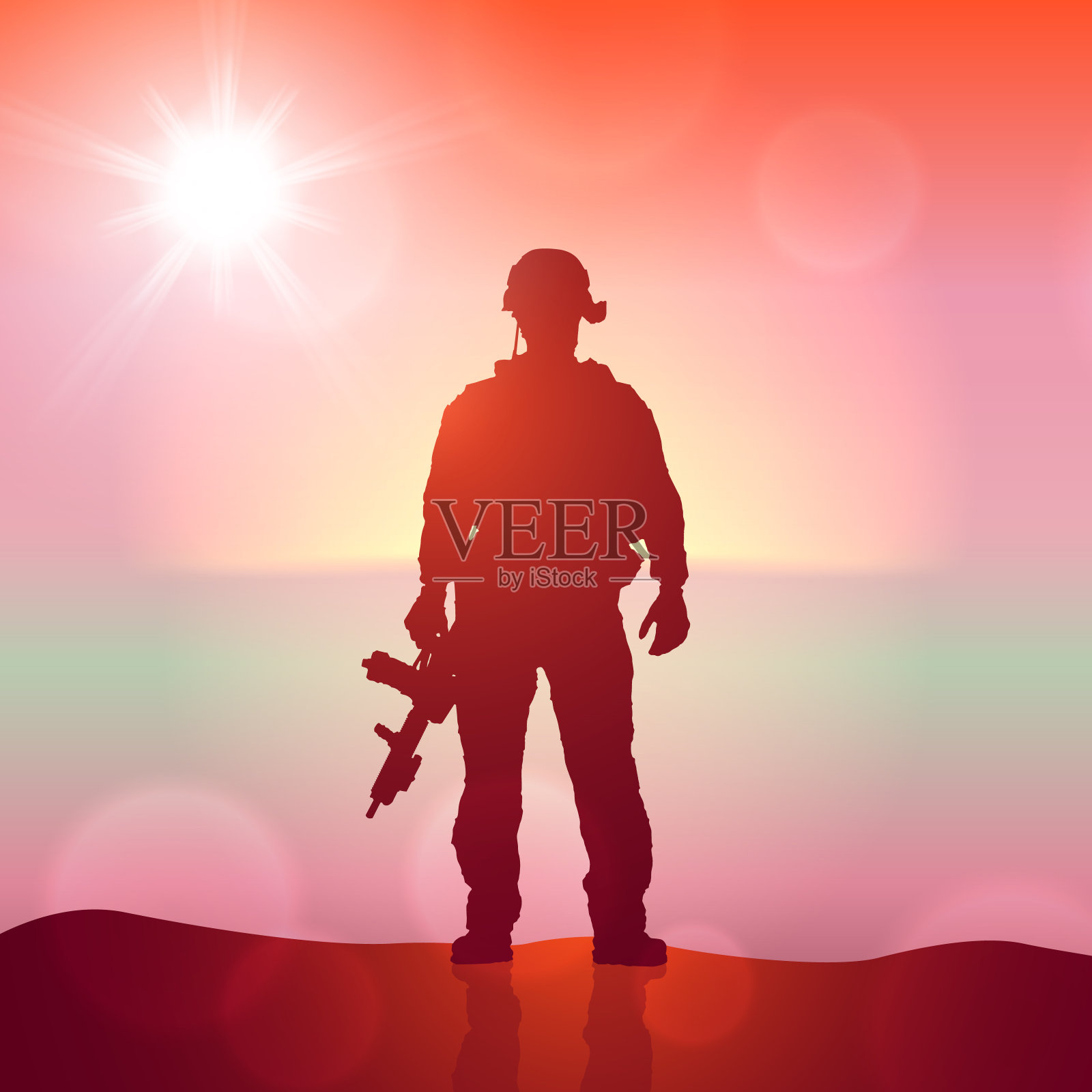 日出时士兵的剪影。理念——保护、爱国、荣誉。插画图片素材