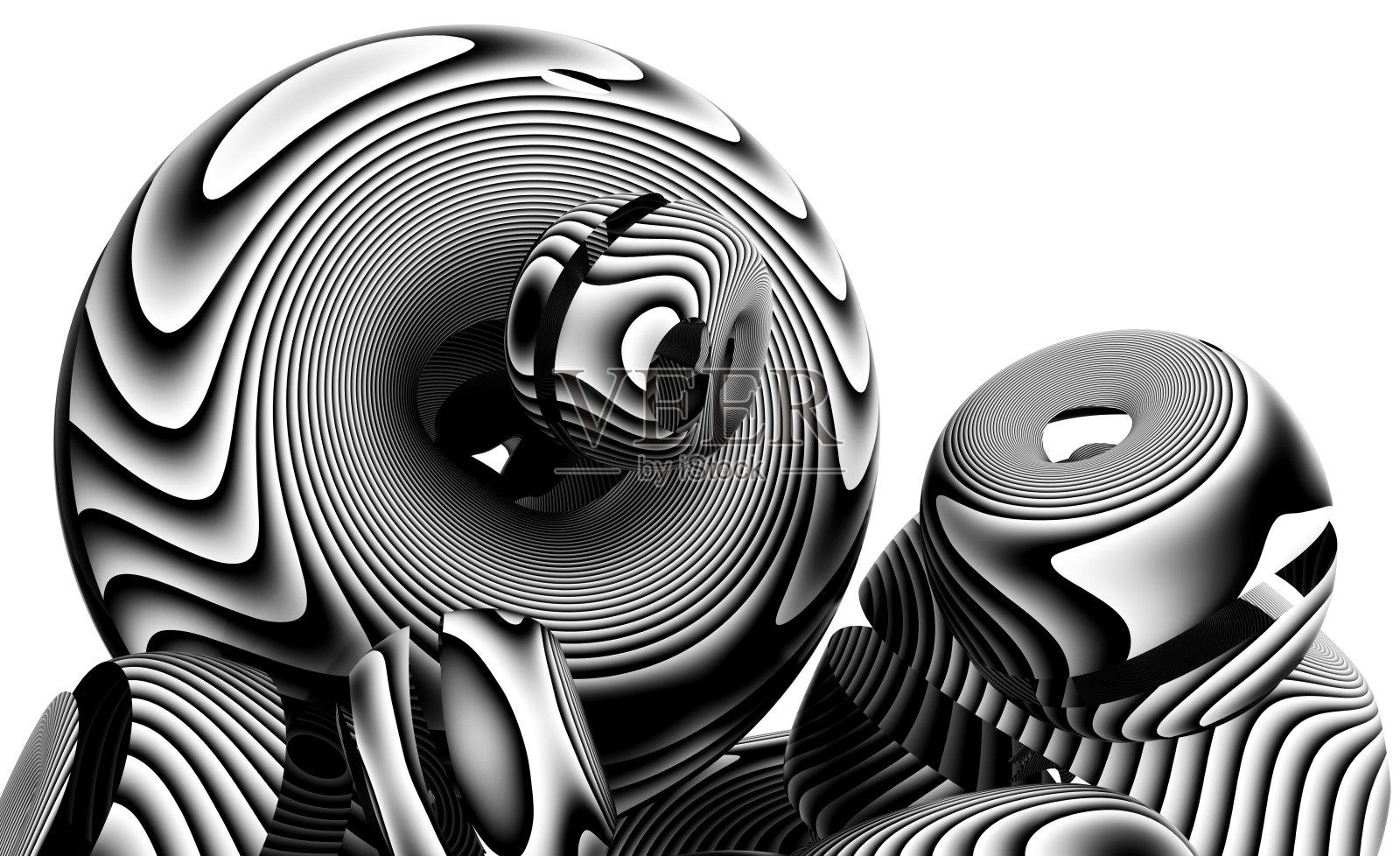 3d渲染的抽象艺术3d球，球，气球或气泡与平行的圆形斑马黑色和白色线图案表面照片摄影图片