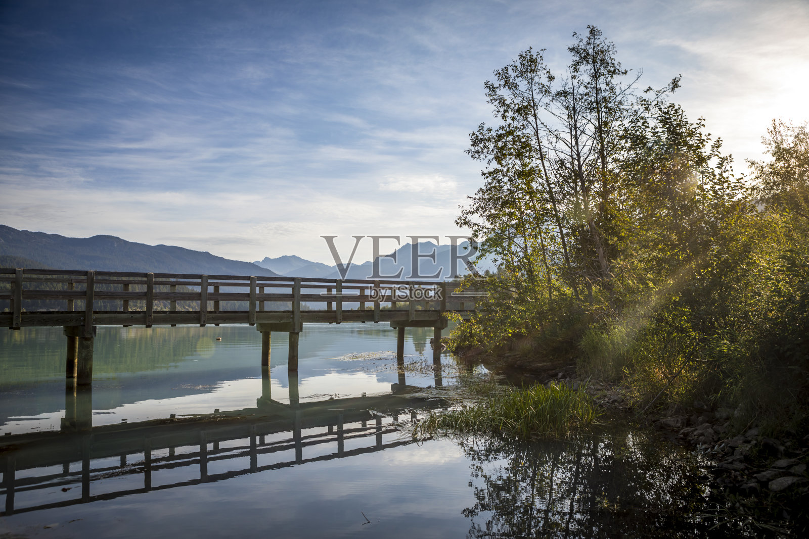 穿过绿湖的山谷小径桥照片摄影图片