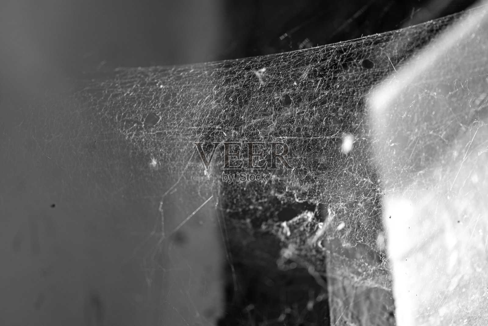 废弃的房子角落里天然的蛛网，墙壁和窗户脏兮兮的房间，黑白的画面照片摄影图片