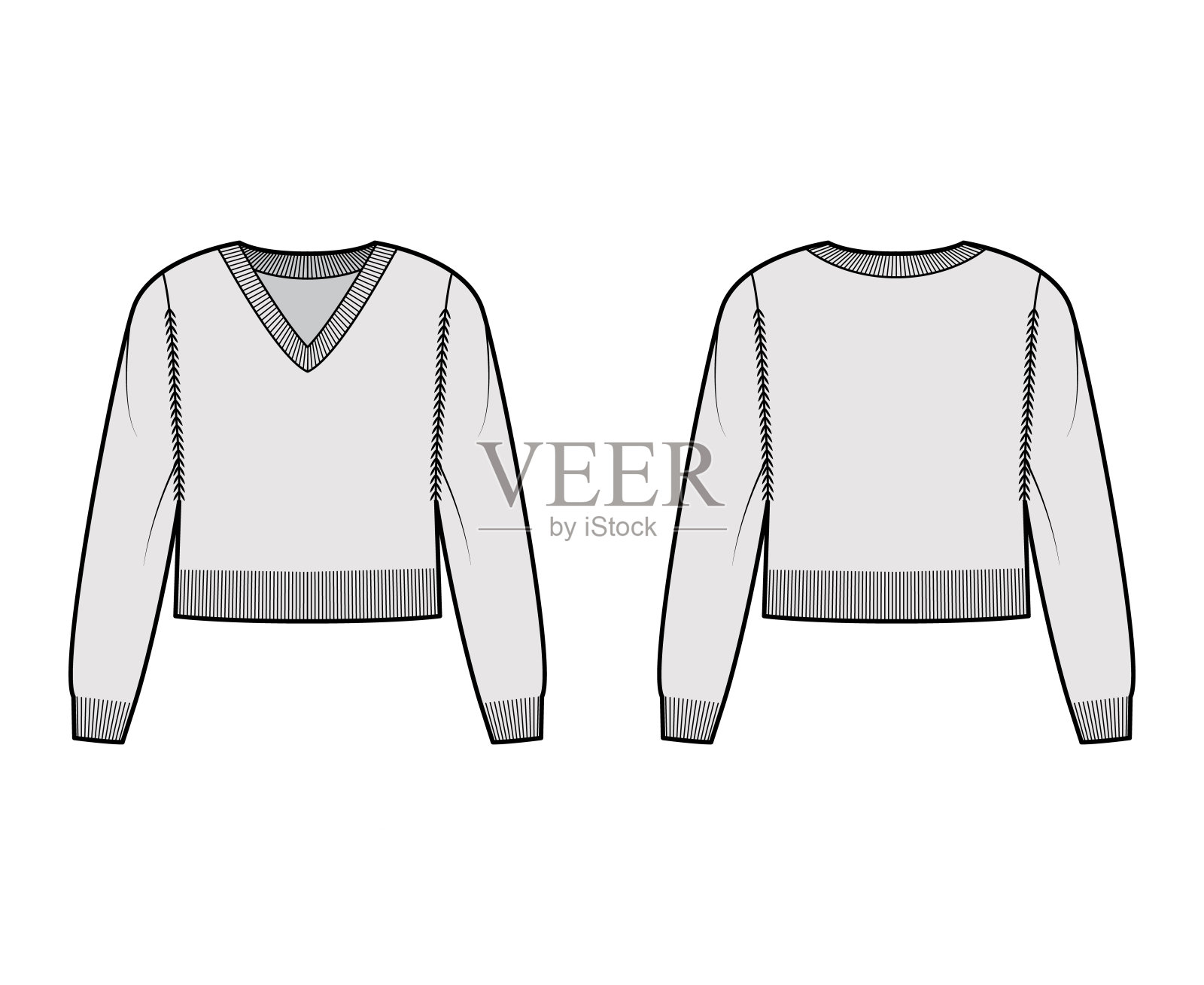 v领裁剪毛衣技术时尚插图，长袖，宽松合身，腰部长度，罗纹装饰。平的跳投插画图片素材