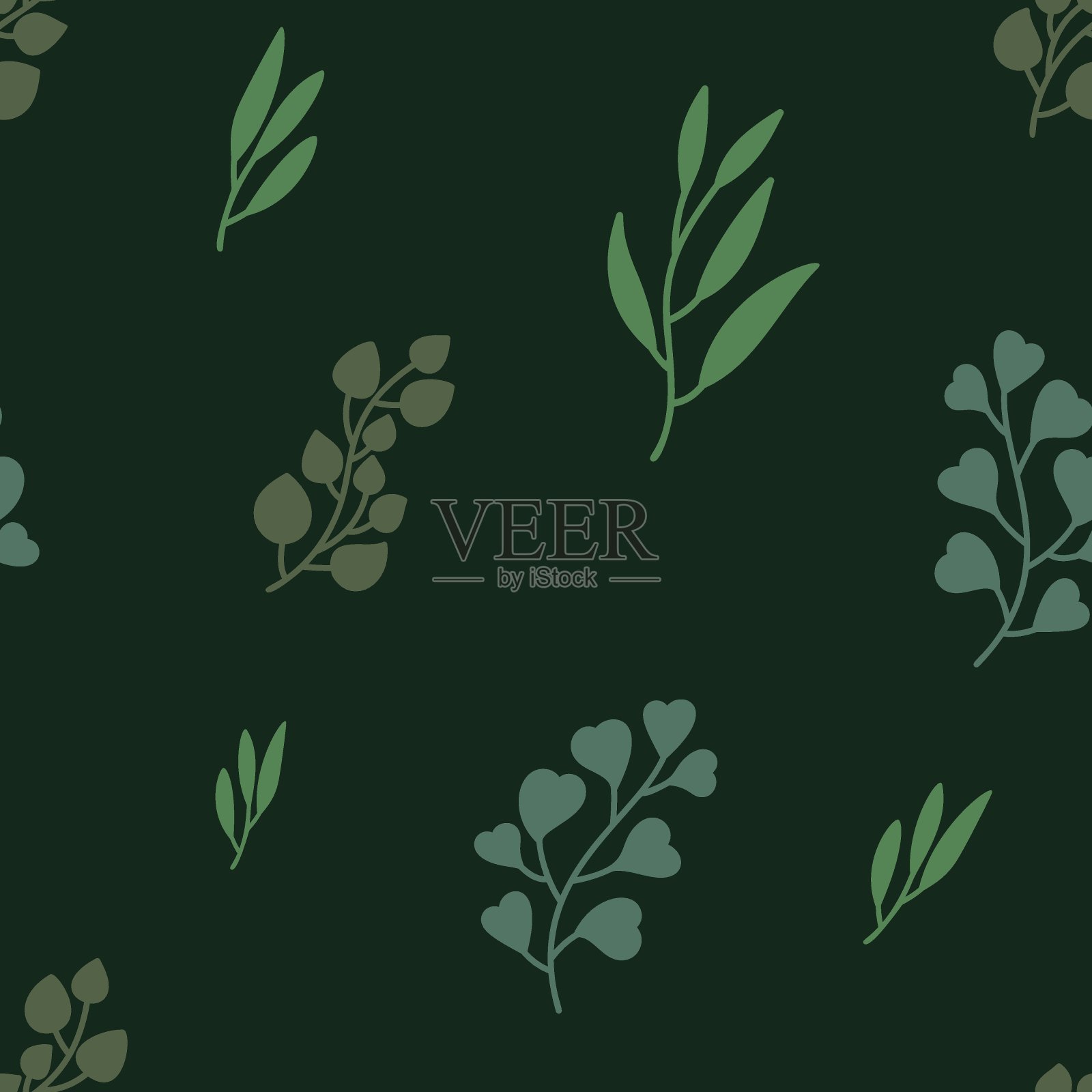 无缝图案桉叶。中性绿色插图孤立在黑暗。用于布料、印花、纺织品、室内装饰、背景、墙纸。向量插画图片素材