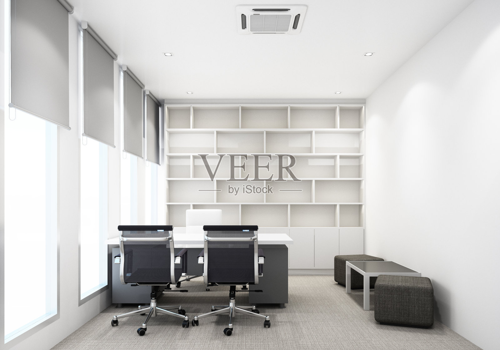 工作室在现代化的办公室，地毯地板和书架柜。室内3 d渲染照片摄影图片
