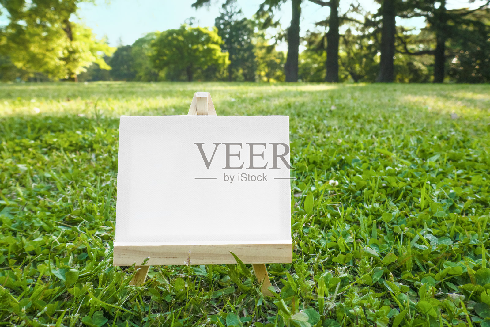 小型的白色帆布和画架。照片摄影图片