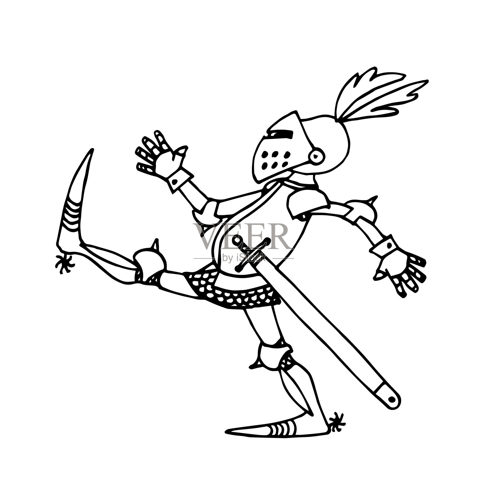 有趣的骑士在中世纪盔甲剑黑色线条设计元素图片