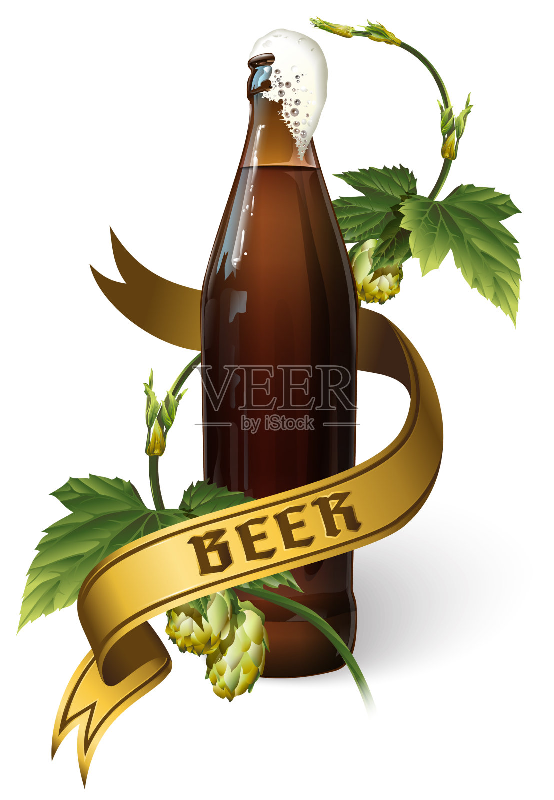 啤酒瓶与啤酒花缎带和字母设计元素图片