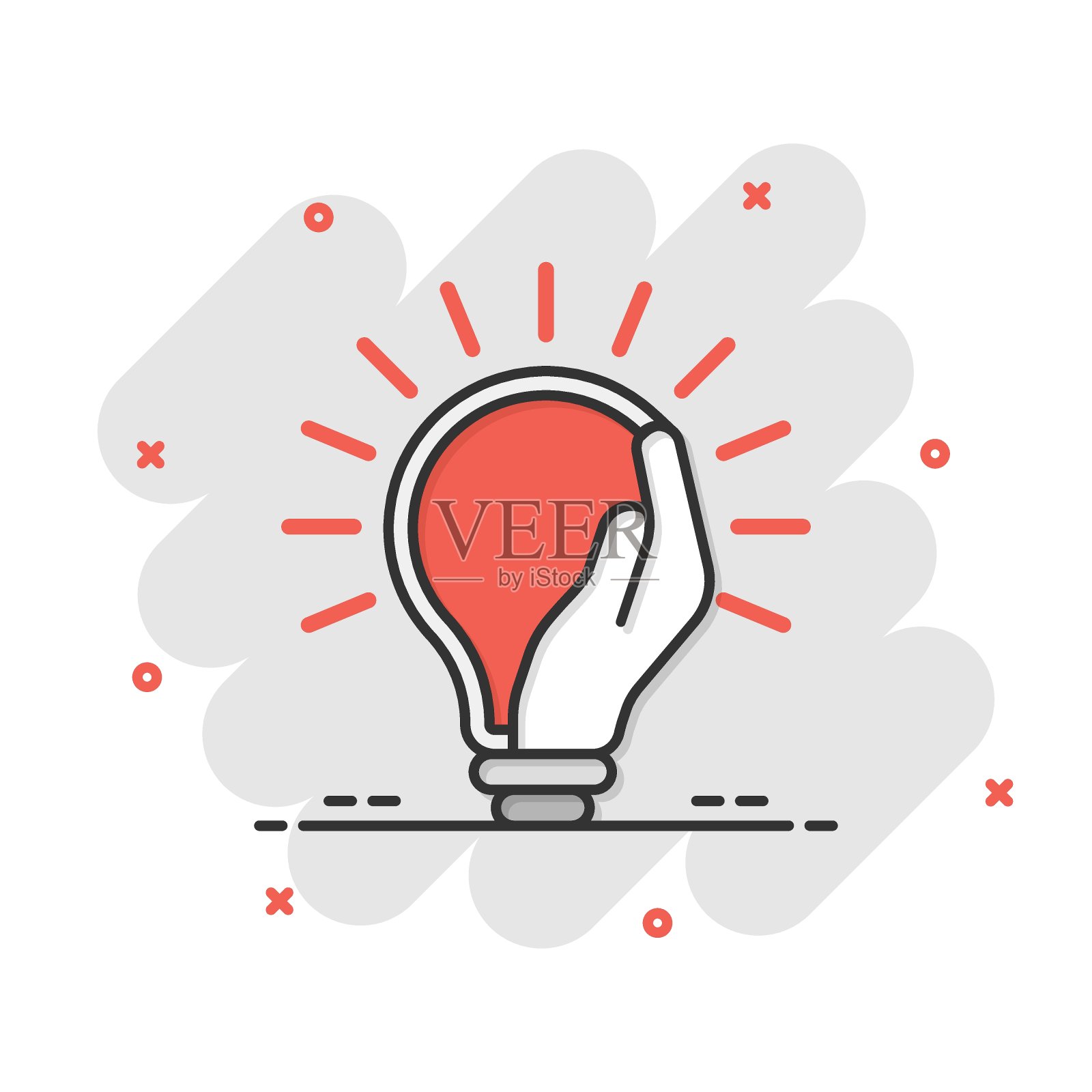 漫画风格的手持灯泡图标。灯泡卡通矢量插图在白色孤立的背景。灯飞溅效应经营理念。图标素材