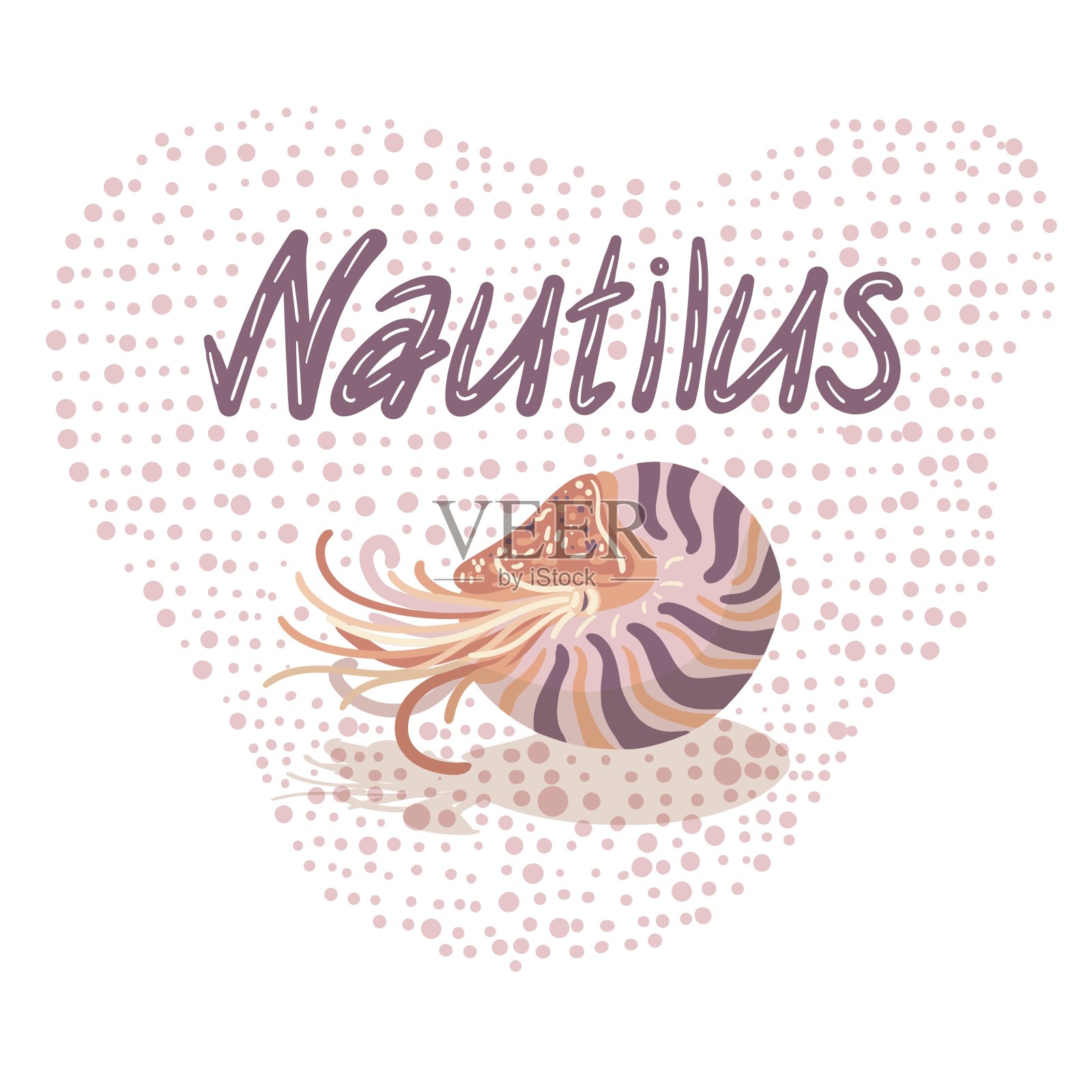 诺第留斯号在Shall。孤立在白色背景上。手淹死矢量插图。海洋动物。水下生活，珊瑚礁，深海，海洋，海洋，潜水，水肺，探险，探险。古老的实体插画图片素材