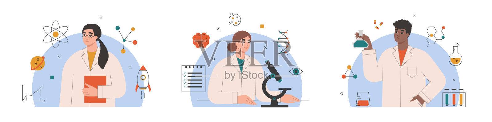 一组科学家在实验室的角色。一群从事科学工作的人，穿着制服的学生或医生。研究、创新、发现的理念。插画图片素材