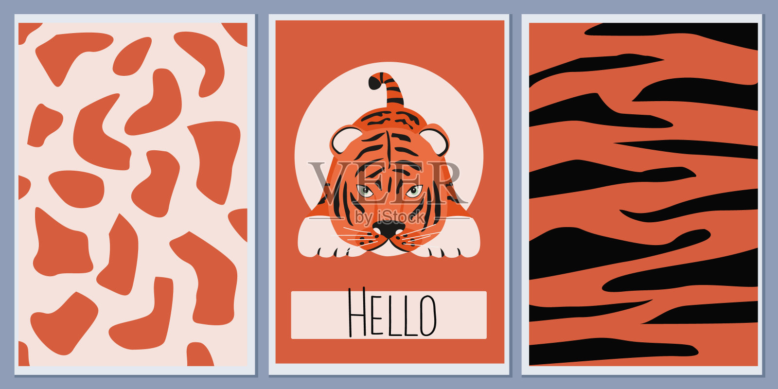 一套印有可爱老虎的明信片和邀请模板。背景非洲民族印花与斑点和波浪线。设计矢量抽象墙海报与问候的题词插画图片素材