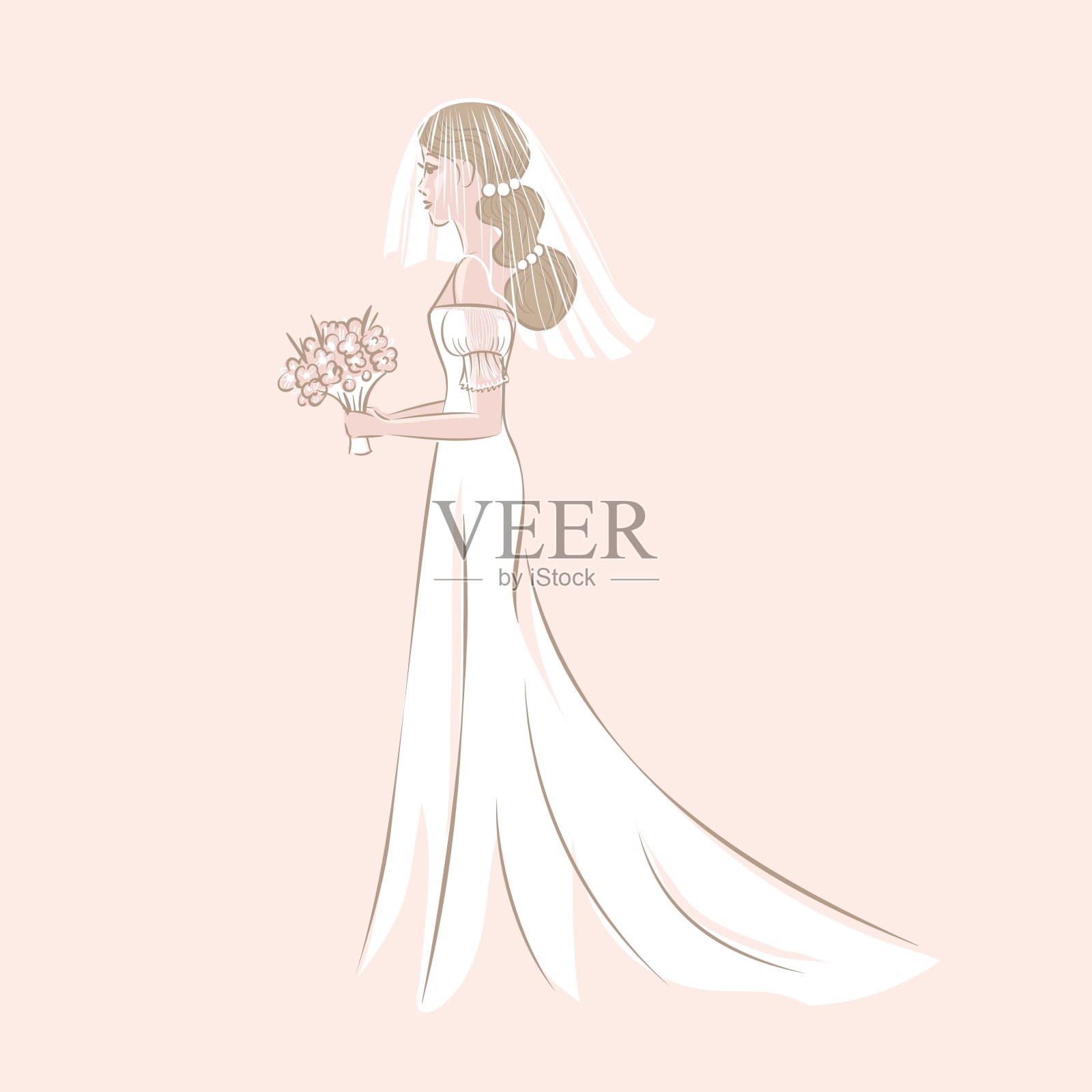新娘在婚礼的服装和面纱与花束在粉红色的背景素描插画图片素材